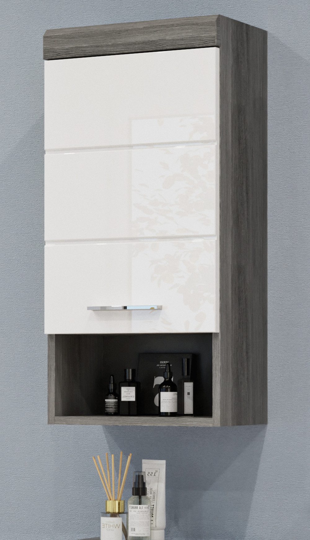 Inn.Furn Hängeschrank Shawn (Badschrank in weiß Hochglanz und grau, 37 x 79 cm) 3 Fächer