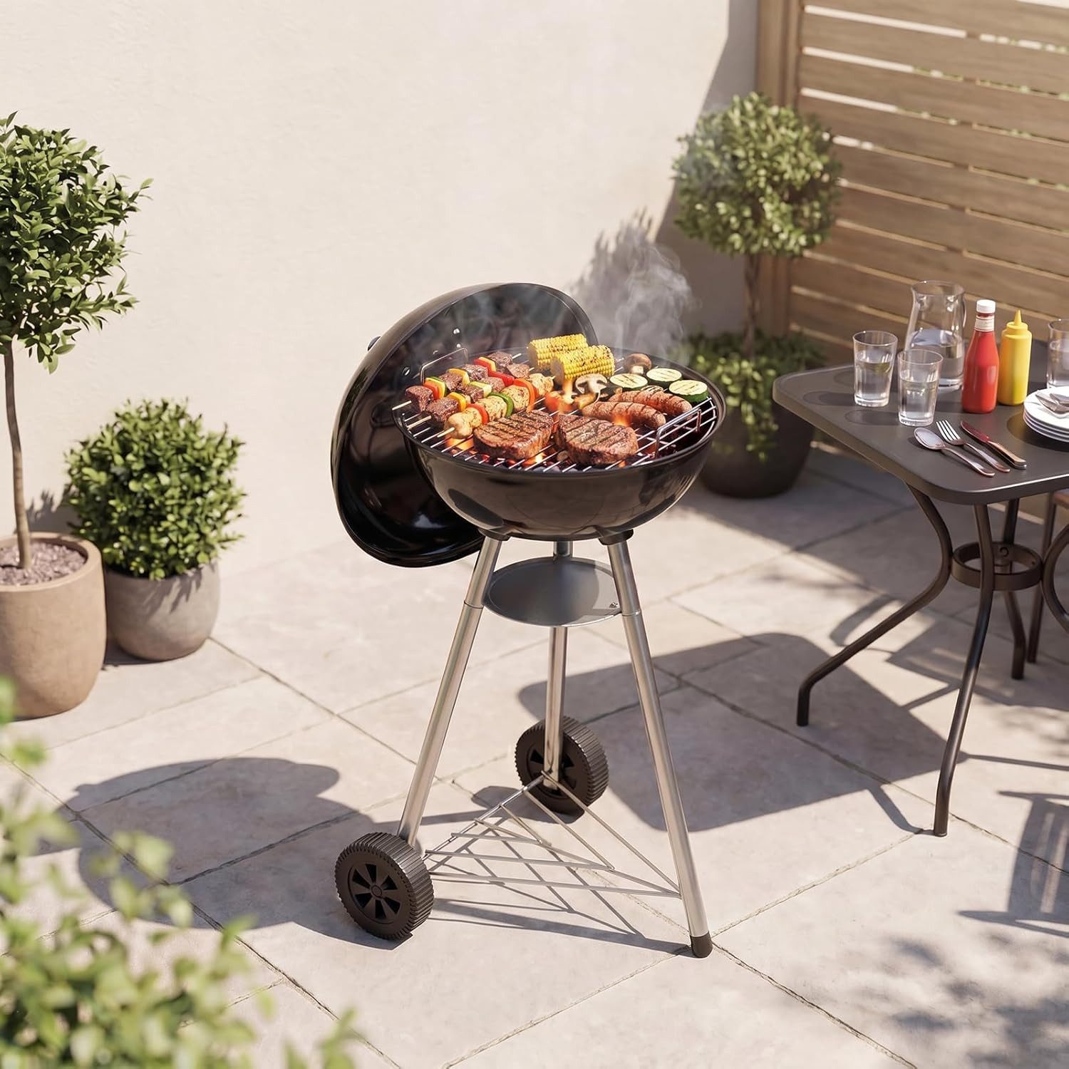 AOXUN Holzkohlegrill Kugelgrill mit Thermometer Schwarz, 47 cm