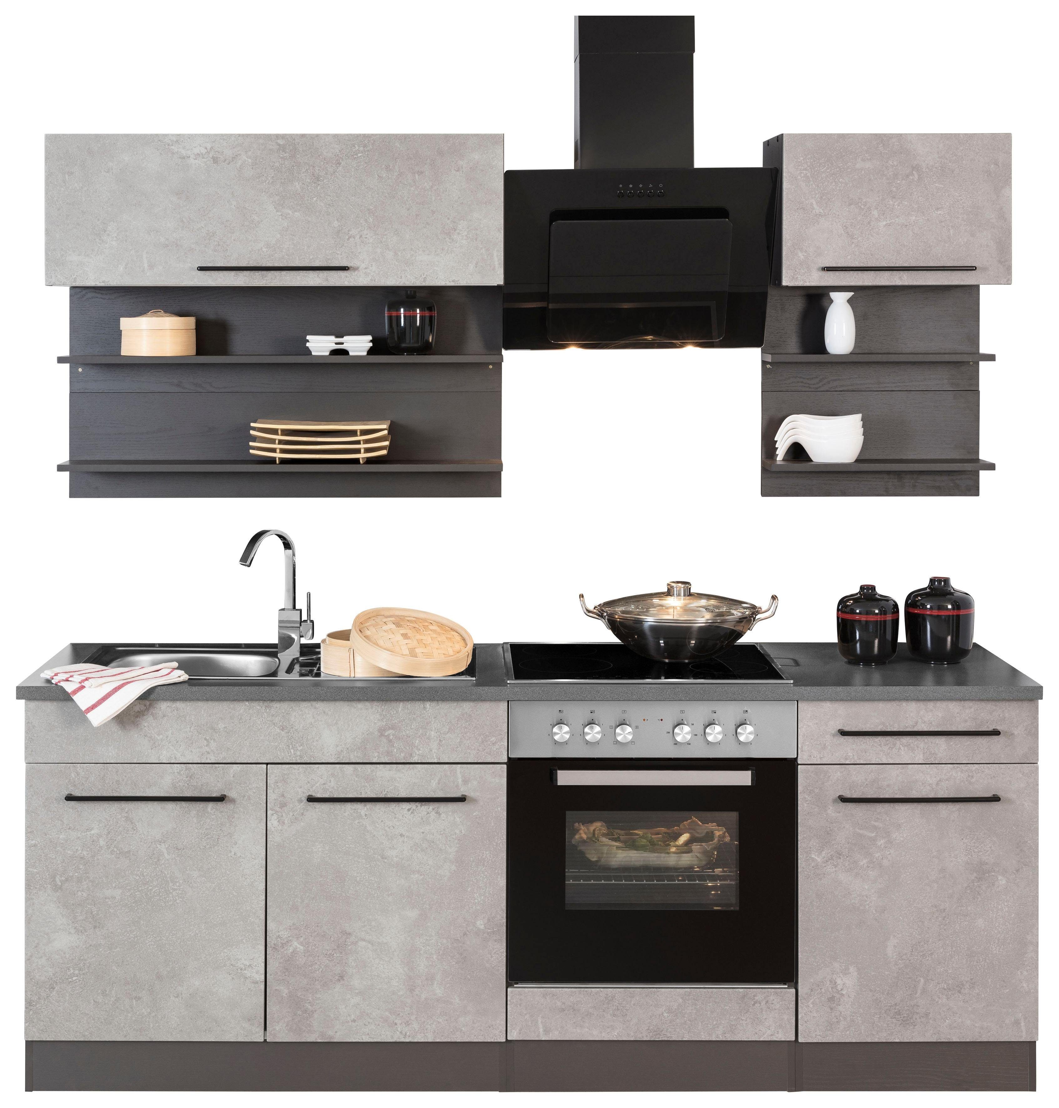 HELD MÖBEL Küchenzeile Tulsa, Breite 210 cm, schwarze Metallgriffe, hochwertige MDF Fronten grau