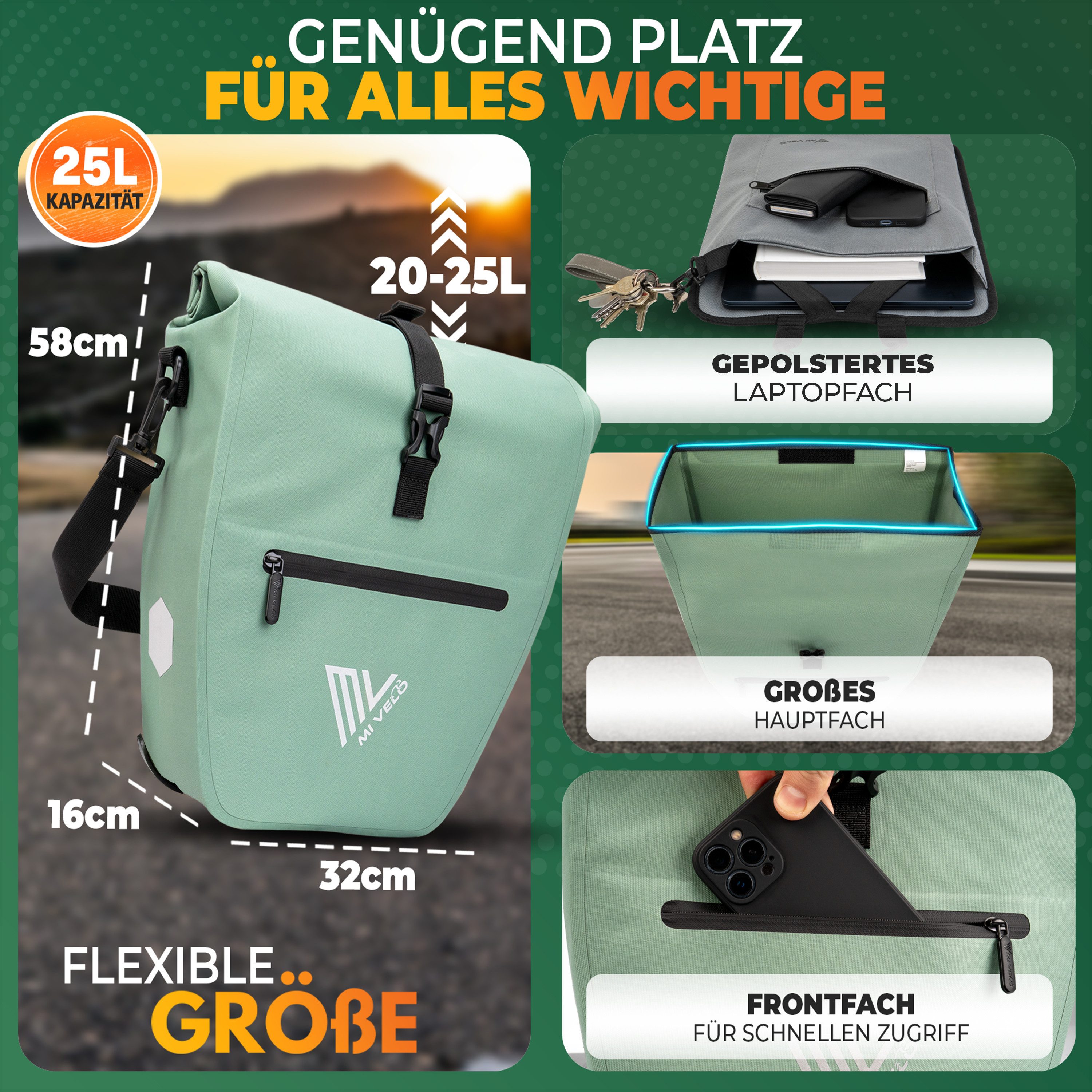 MIVELO Fahrradtasche Gepäckträgertasche wasserdicht inkl. Gurt für Umhängetasche, 2 Varianten wählbar