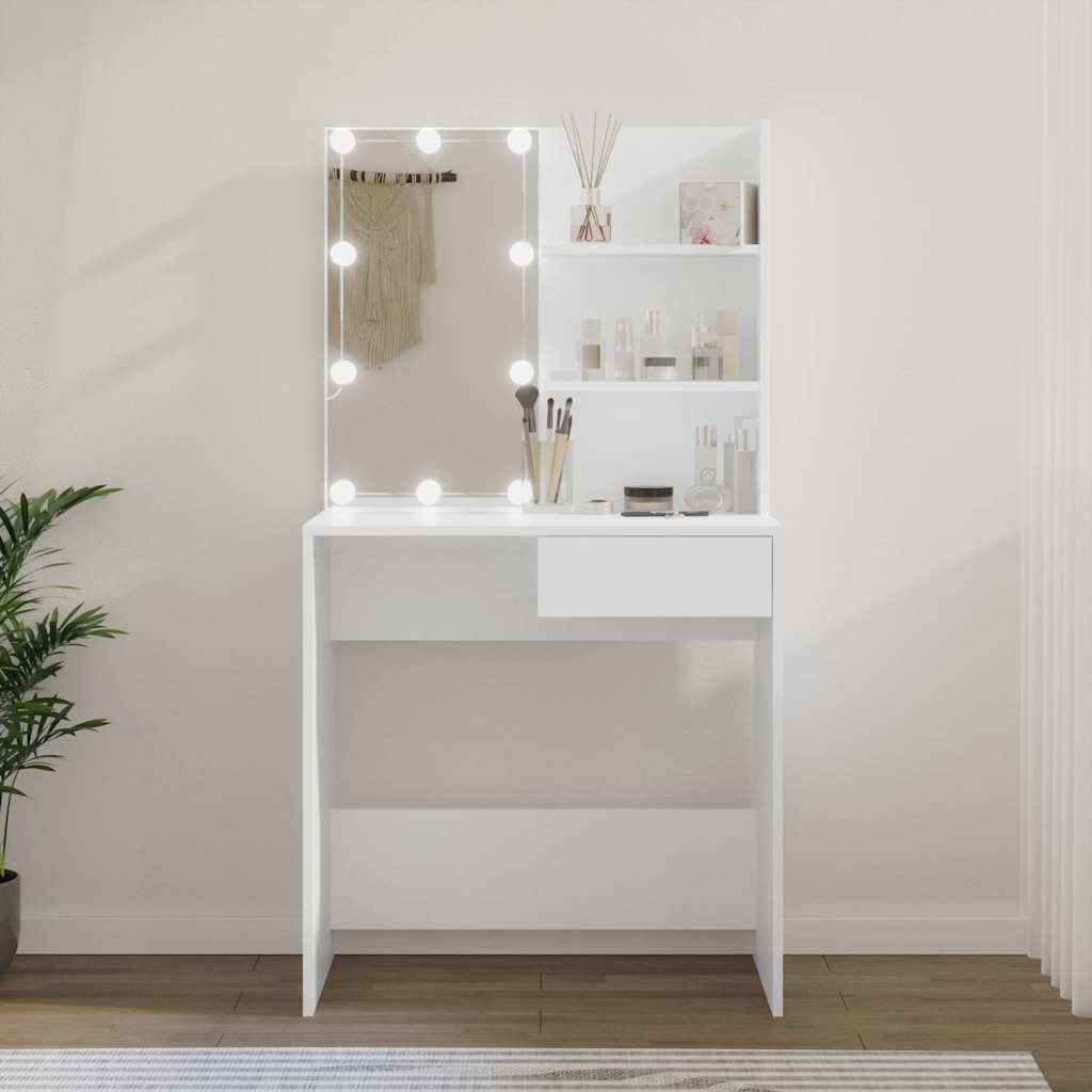 furnicato Schminktisch Weiß 74,5 x 40 x 141 cm mit LED-Beleuchtung (1-St), Kosmetikspiegel-Tisch mit USB-Licht, Schublade und zwei Ablagen
