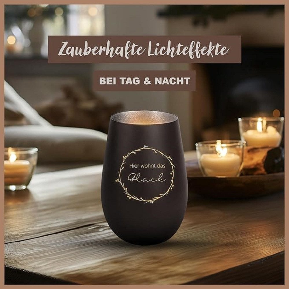 Der Porzellan-Laden Windlicht Handgefertigtes Windlicht mit Gravur 'Hier wohnt das Glück' - Dekorati