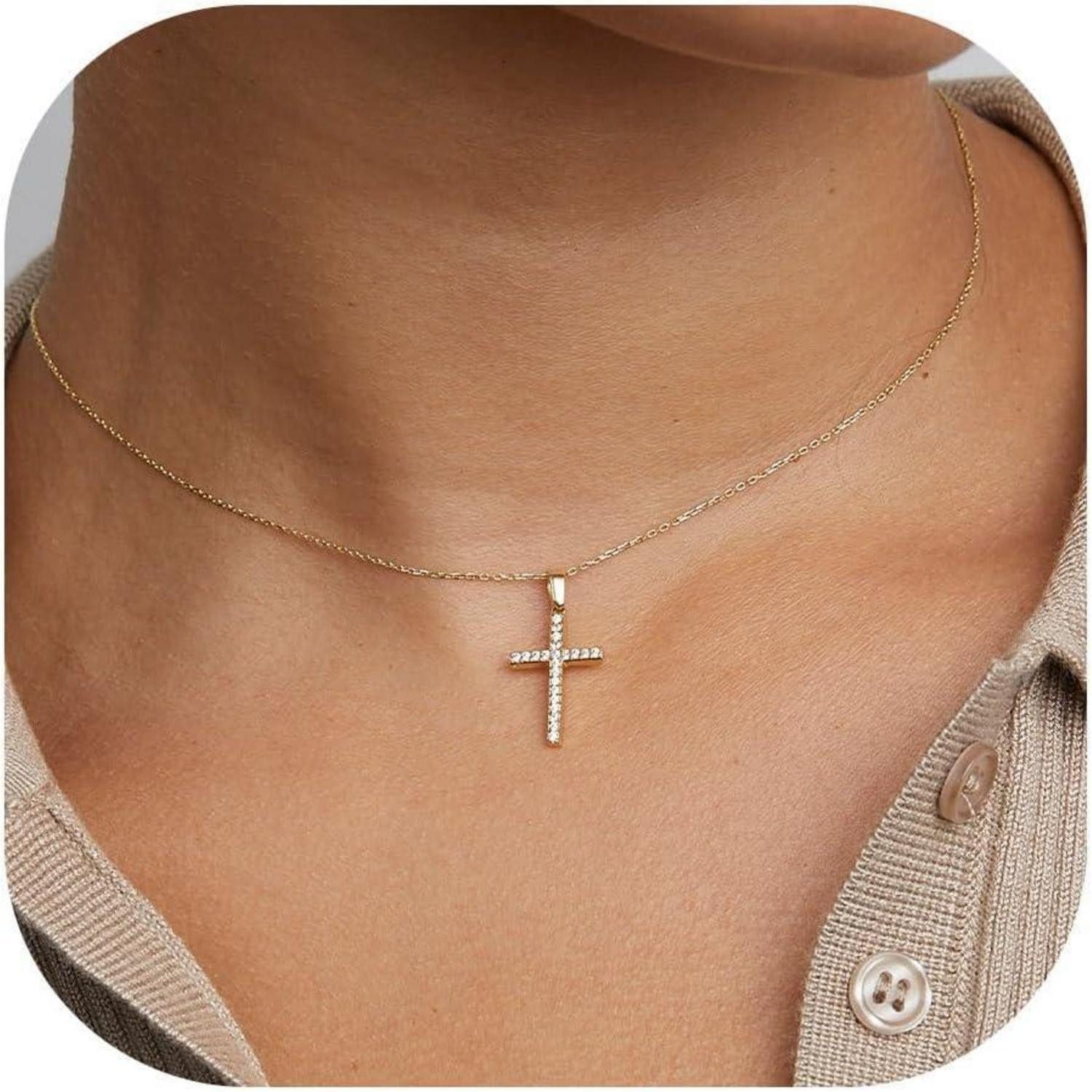 Kreuzkette Damen Kreuz Kette Gold 14K Vergoldet Layered Choker Halskette Exquisit