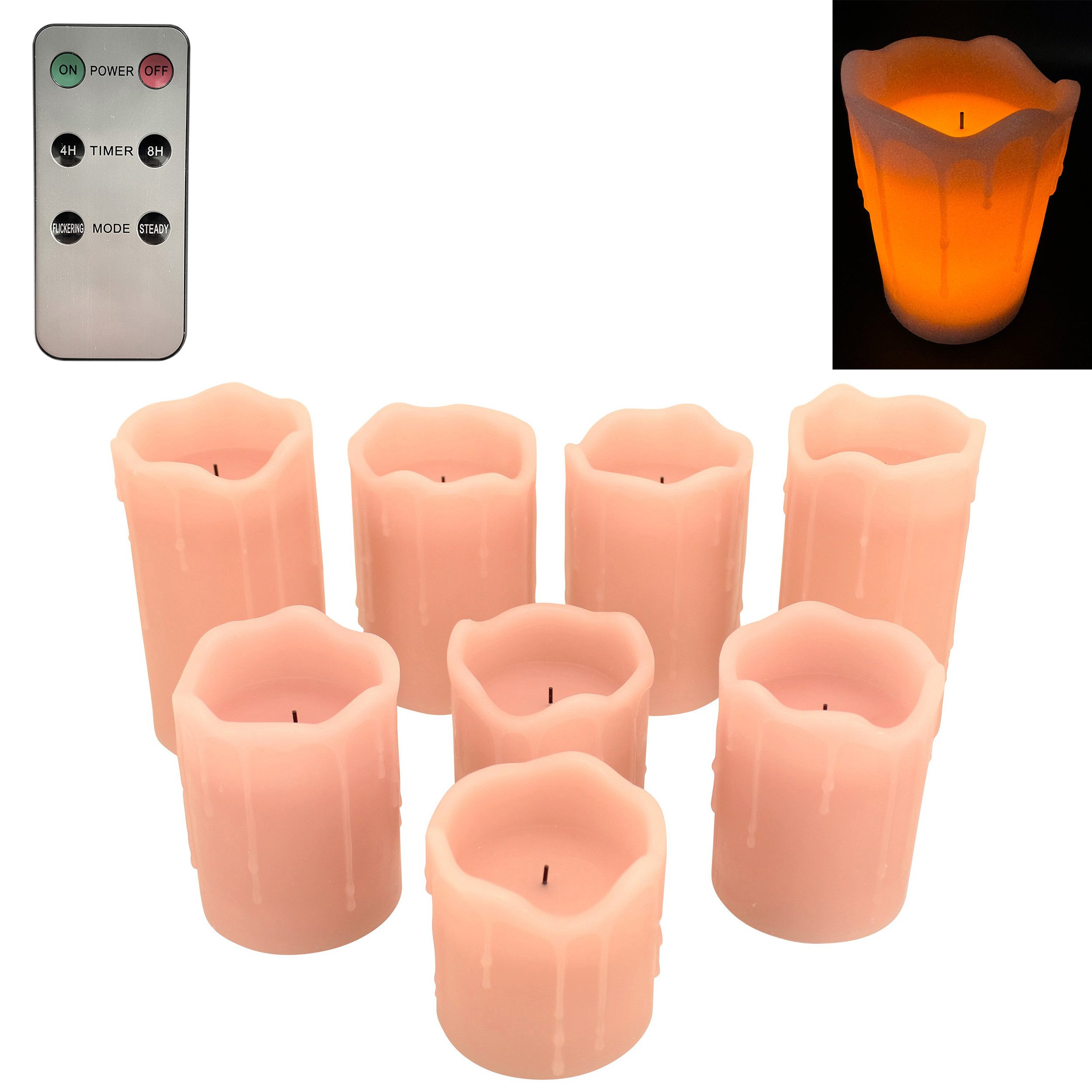 Online-Fuchs LED-Kerze 8er Set LED Свечи mit Wachstropfen, Fernbedienung und Timer - (Creme, Weiß, Rosa und Salbei Grün -, Aus Echtwachs gefertigt), 6-Stunden-Timerfunktion - 168