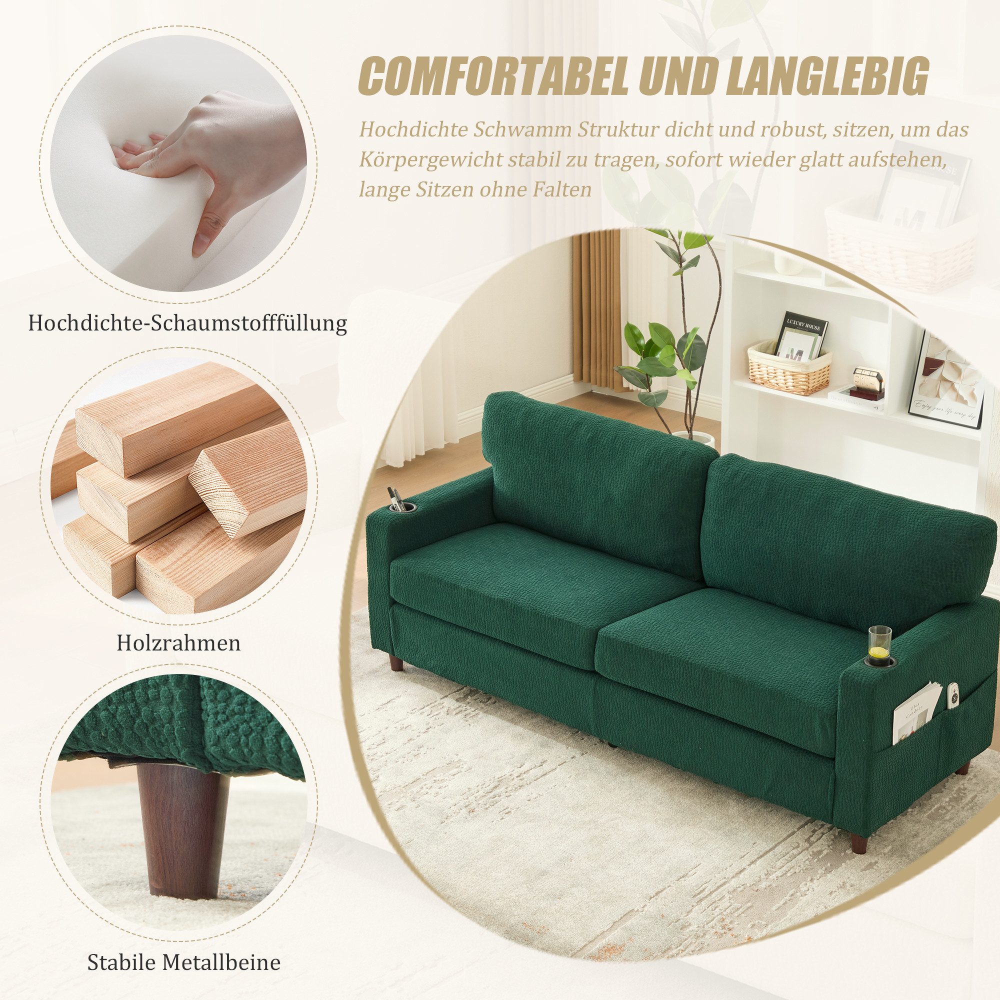 OKWISH Sofa Loungesofa Kindersofa, 2-Sitzer-Sofa aus Chenille mit LED-Ambientebeleuchtung, USB-C-Anschluss, Getränkehaltern und Seitentaschen