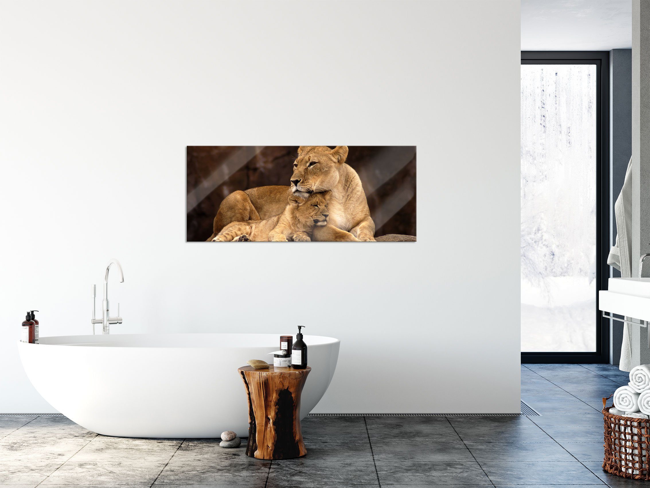 Pixxprint Glasbild Löwe mit Löwenjungen, inkl. Aufhängungen (1 Abstandshalter Glasbild Echtglas, mit St), aus und Löwenjungen Löwe