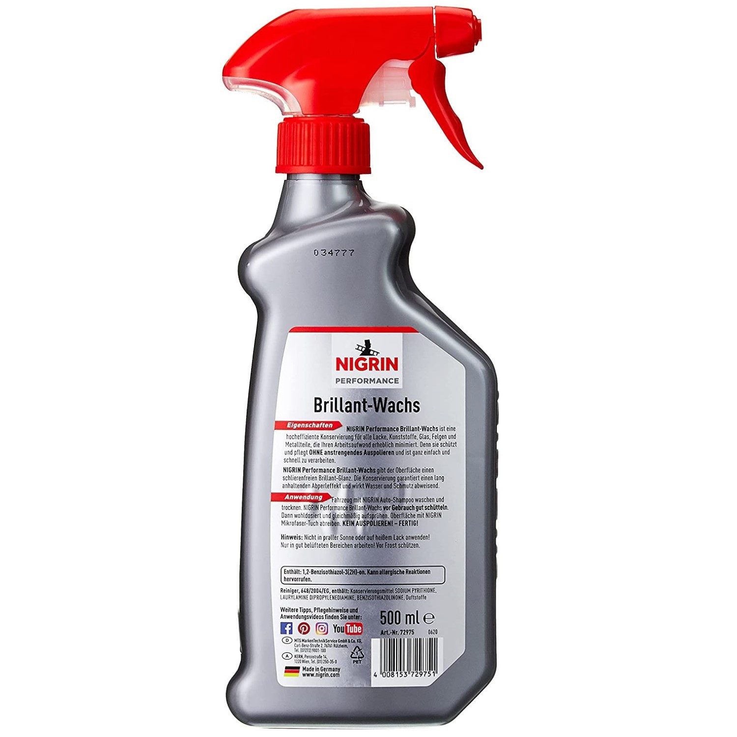 NIGRIN Performance Brillant-Wachs Detailer 500ml Auto-Reinigungsmittel (1-St. 1x 500ml Sprühflasche Glanz Turbo Spray Lack-Konservierung Pflege Wachs Auto Metall Lacke)