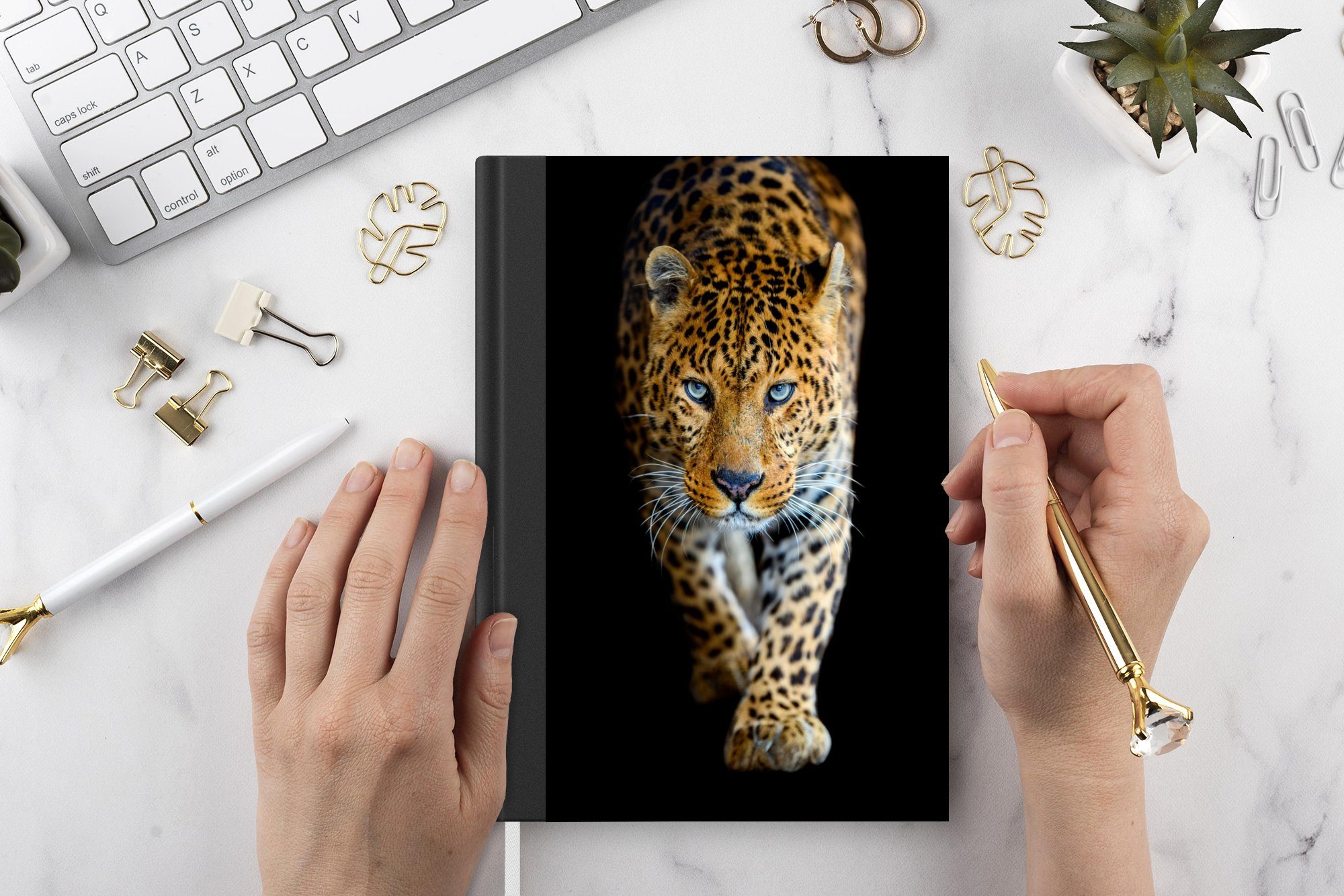 Leopard Merkzettel, Wildtiere - Notizbuch Journal, 98 Seiten, - - - Schwarz, A5, Haushaltsbuch Tiere Porträt MuchoWow Notizheft, Tagebuch,