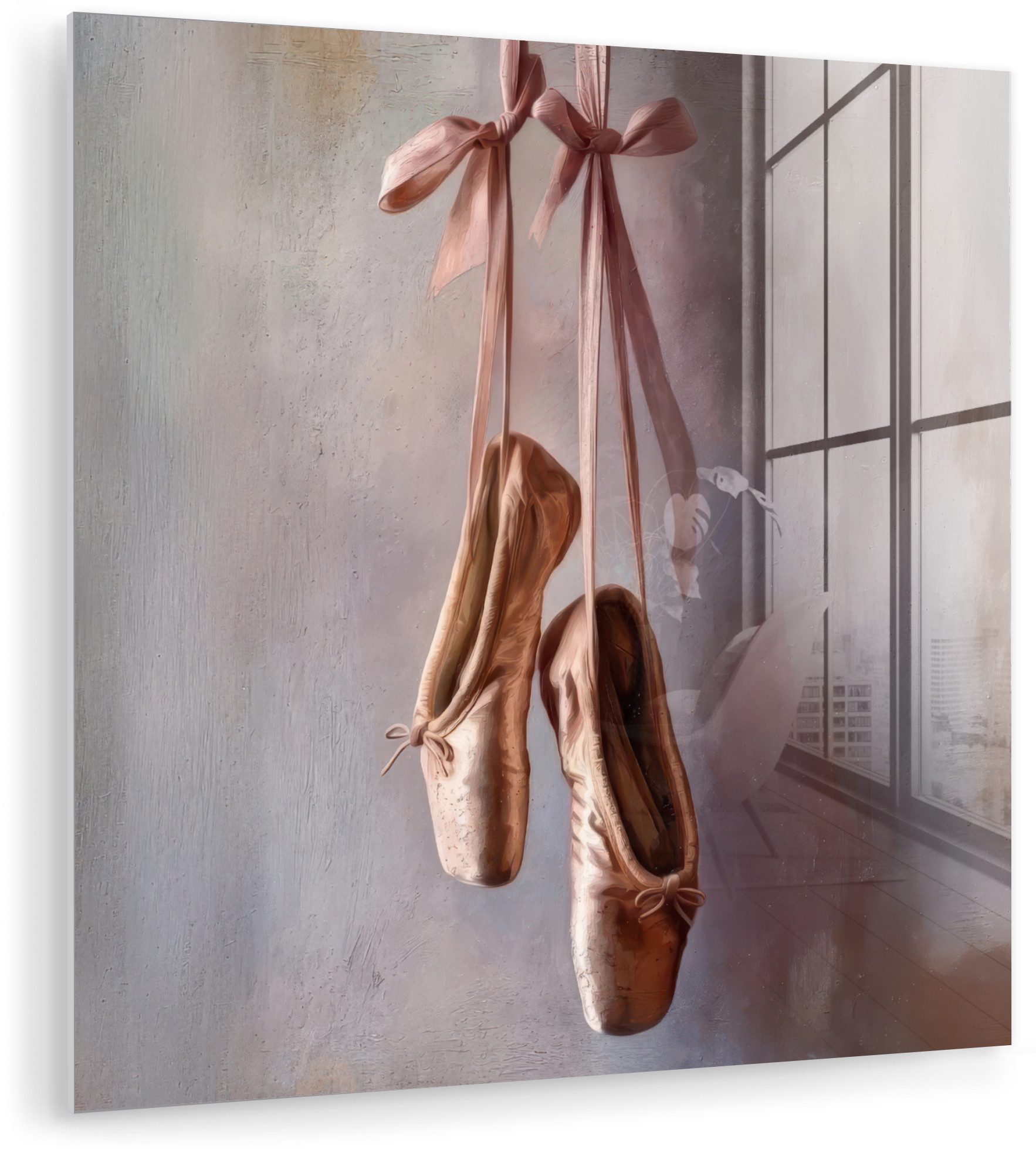 MuchoWow Acrylglasbild Ballettschuhe - Satin - Erdtöne, Inkl. Aufhängung, Foto auf Glas, Wanddekoration, Deko Wohnzimmer, 40x40 cm