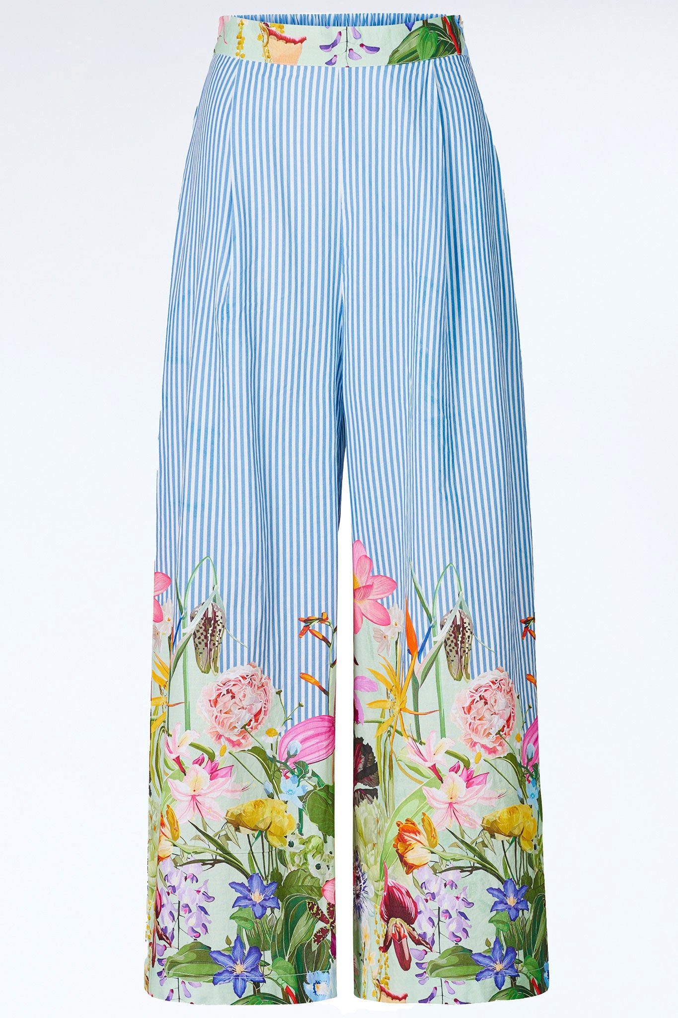 Himalaya Clothing Stoffhose Weite Damenhose - Gestreifte Sommerhose mit floralem Saum-Print Atmungsaktive Palazzo Hose aus weicher Baumwolle