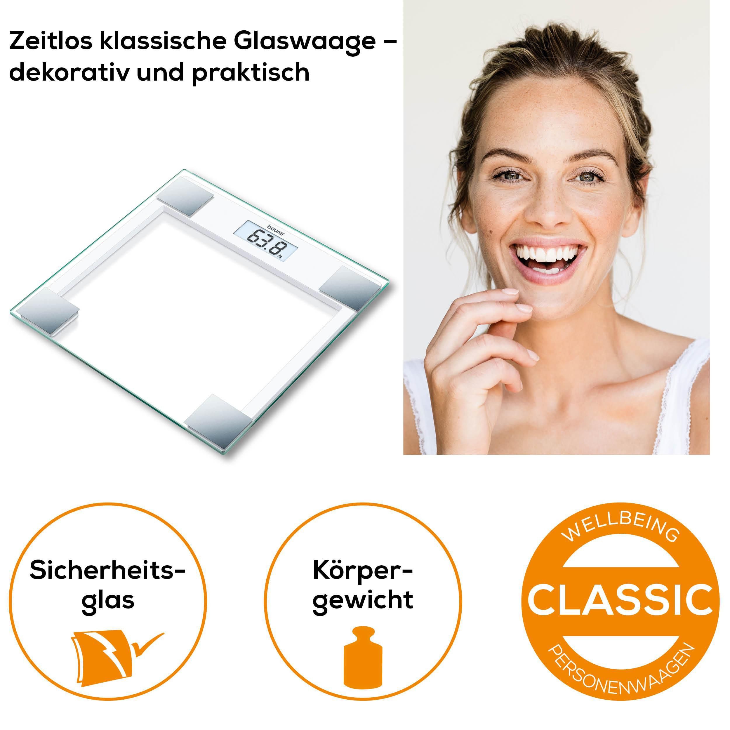 BEURER Personenwaage GS 14 mit Wiegefläche aus extra klarem Sicherheitsglas, Flache Bauhöhe, Tragkraft bis 150 kg, Überlastungsanzeige