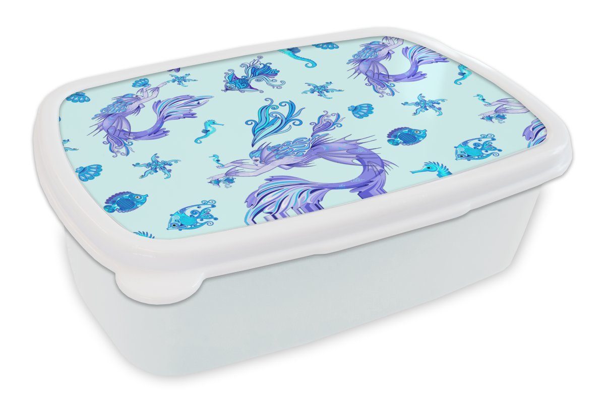 MuchoWow Lunchbox Muster - Fisch - Meerjungfrau, Kunststoff, (2-tlg), Brotbox für Kinder und Erwachsene, Brotdose, für Jungs und Mädchen weiß