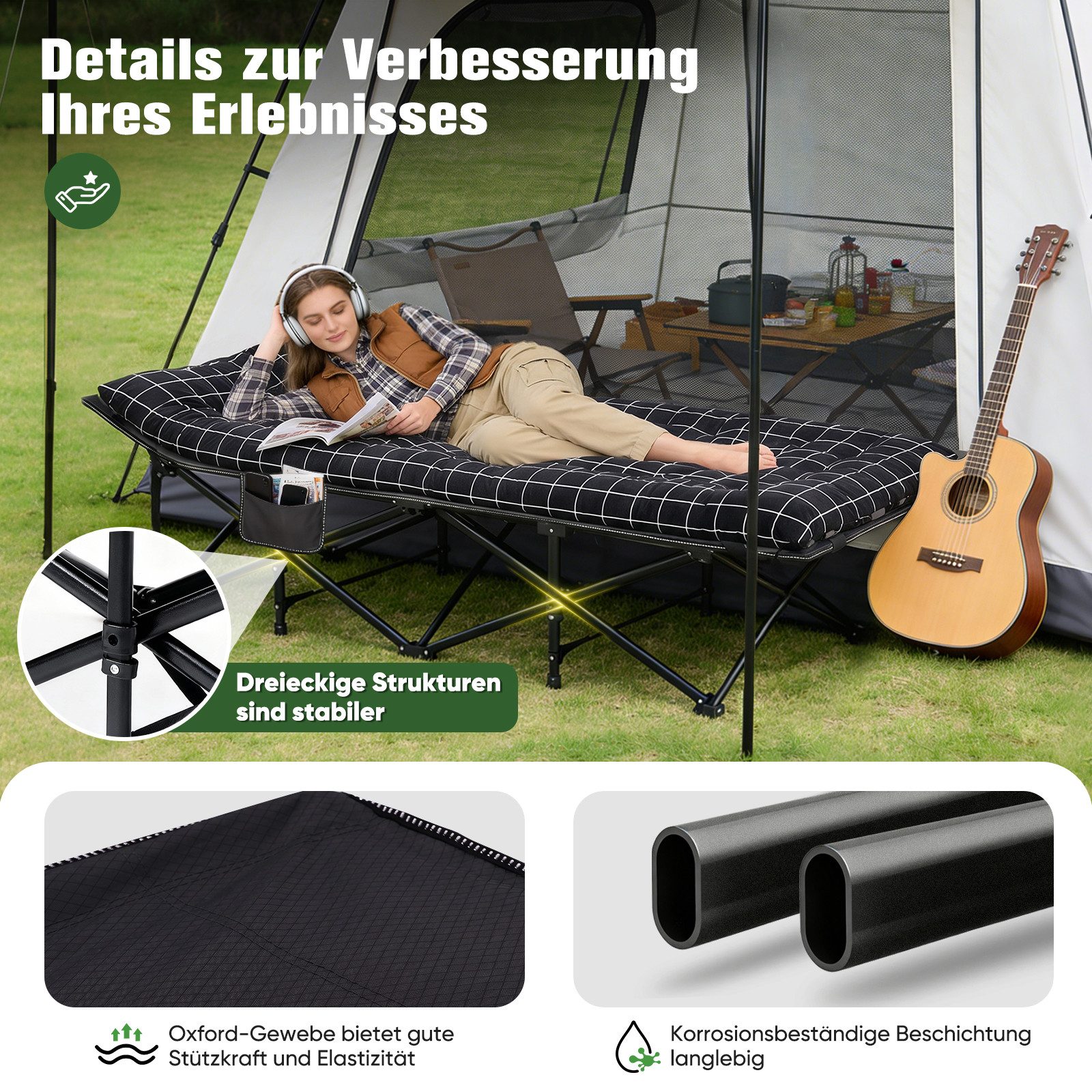 Sekey Feldbett 190cm x 71cm Campingbett Klappbar mit Matratze Gästebett Klappbett Tragbares Campingliege bis 200kg, Kariert, für Outdoor, Indoor, Reisen