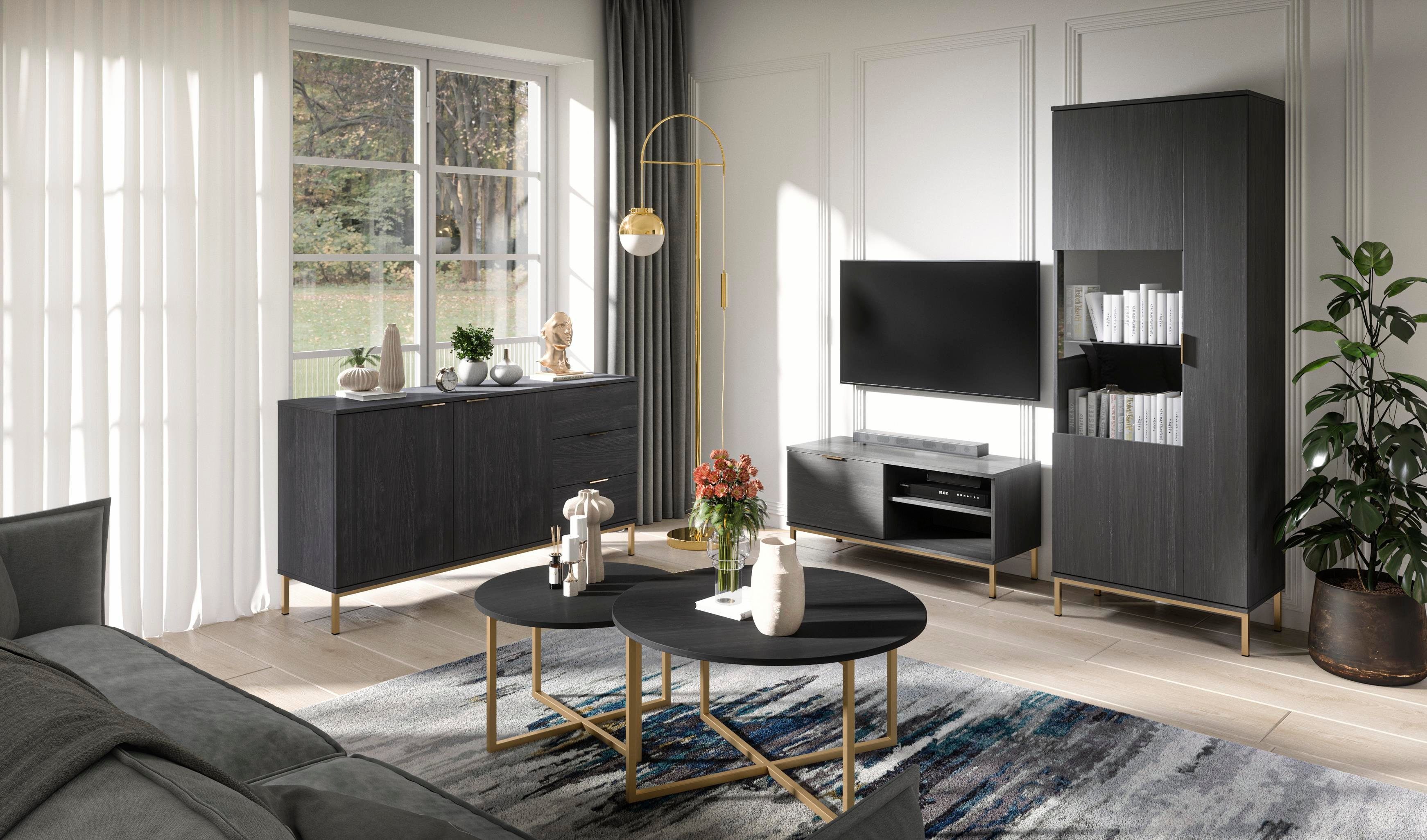 Portlandesche TV-Wand Teile: cm 2-St), (Spar-Set, H190 x 4-teilig, H190 2 mit B170x x bzw. II /4 2 Wohnzimmer-Set Goldgestell, Schwarz cm Teile: T41 T41 MALAGAS B290 x Wohnwand Furnix