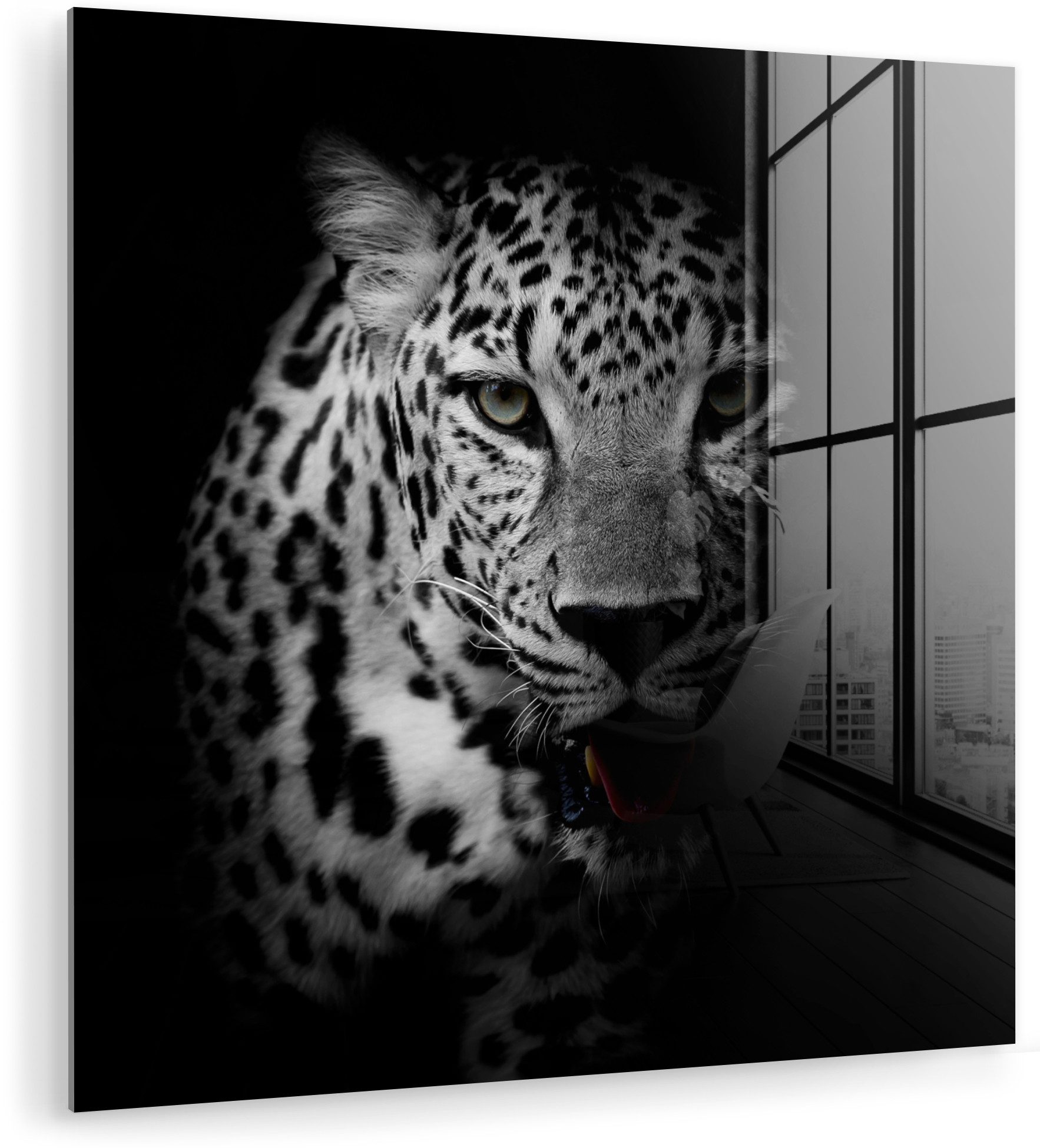 MuchoWow Acrylglasbild Tiere - Schwarz - Weiß - Panther - Porträt, Inkl. Aufhängung, Bilder auf Glas Wandbild, Wanddeko Wohnzimmer Badezimmer, 20x20 cm