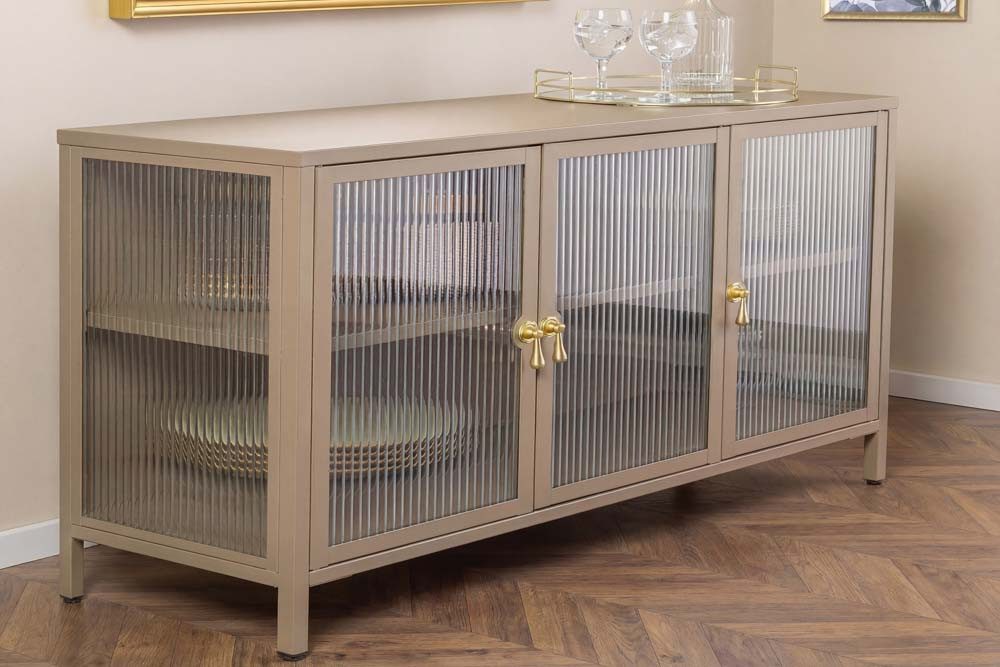 riess-ambiente Sideboard AMSTERDAM 105cm beige/gold - Metall, Riffelglas, 3 Türen, Vitrine (Einzelartikel, 1 St), mit verstellbaren Böden & Stauraum – ideal für Wohnzimmer & Esszimmer