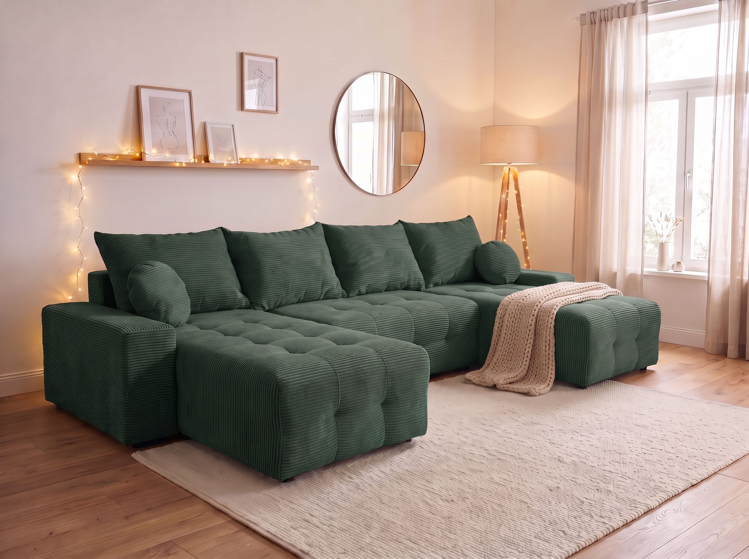 OTTO home Wohnlandschaft Jessy U-Form, B: 313 cm, in Cord & weiteren Bezügen, Schlaffunktion, Bettkasten, Tonnentaschenfederkern-Polsterung