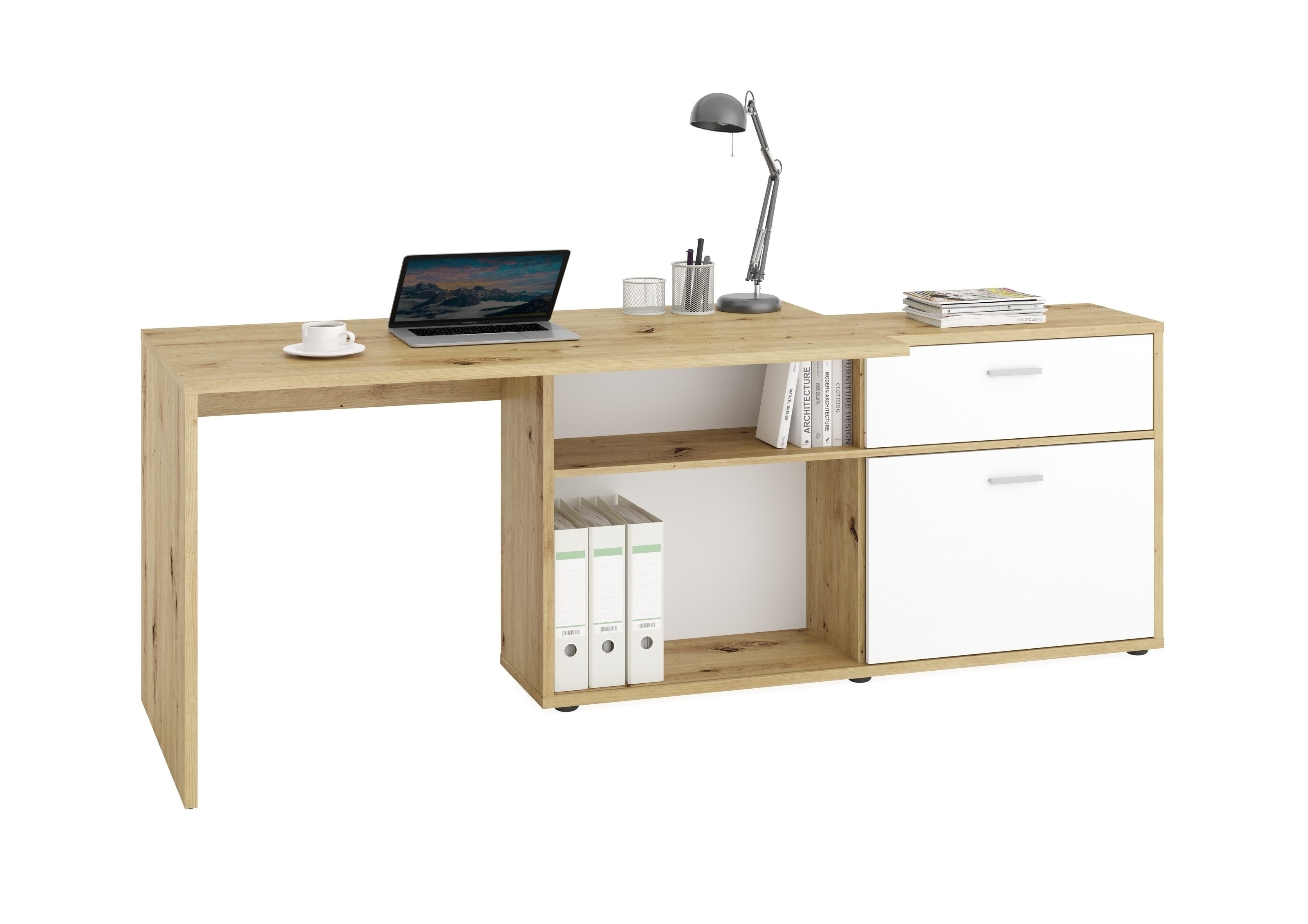 PREISBRECHER Schreibtisch DIEGO, in Artisan Eiche Dekor-Brillantweiß - 138x75x138cm (BxHxT)