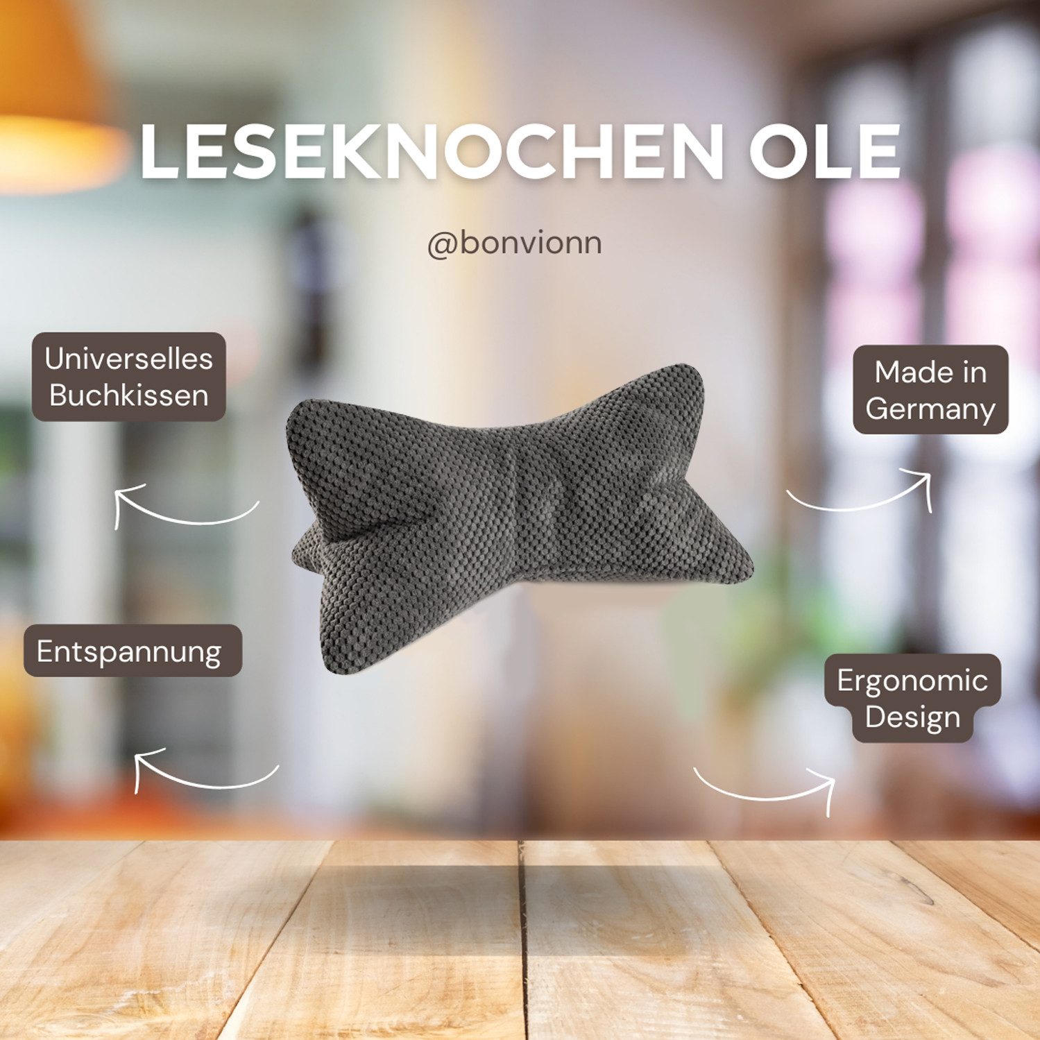 Bonvionn Dekokissen Leseknochen Ole ergonomische Form, flexible Stütze für Bücher, E-Books oder Tablets