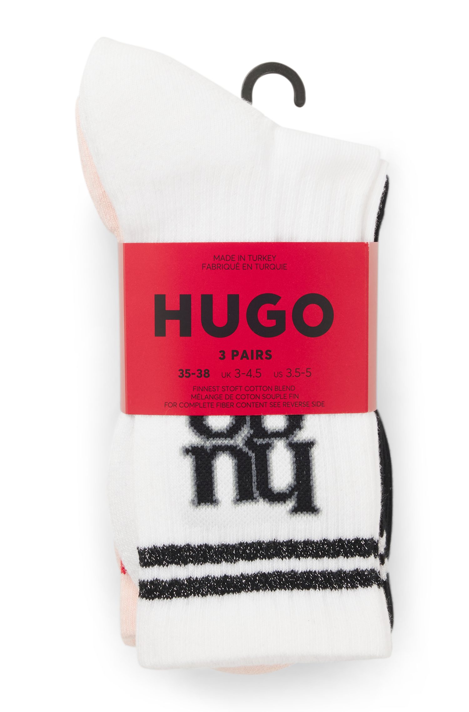 HUGO Socken (Packung, 3-Paar) Logo mit Used-Look, Rippstrick, Verstärkter Fersen- und Zehenbereich