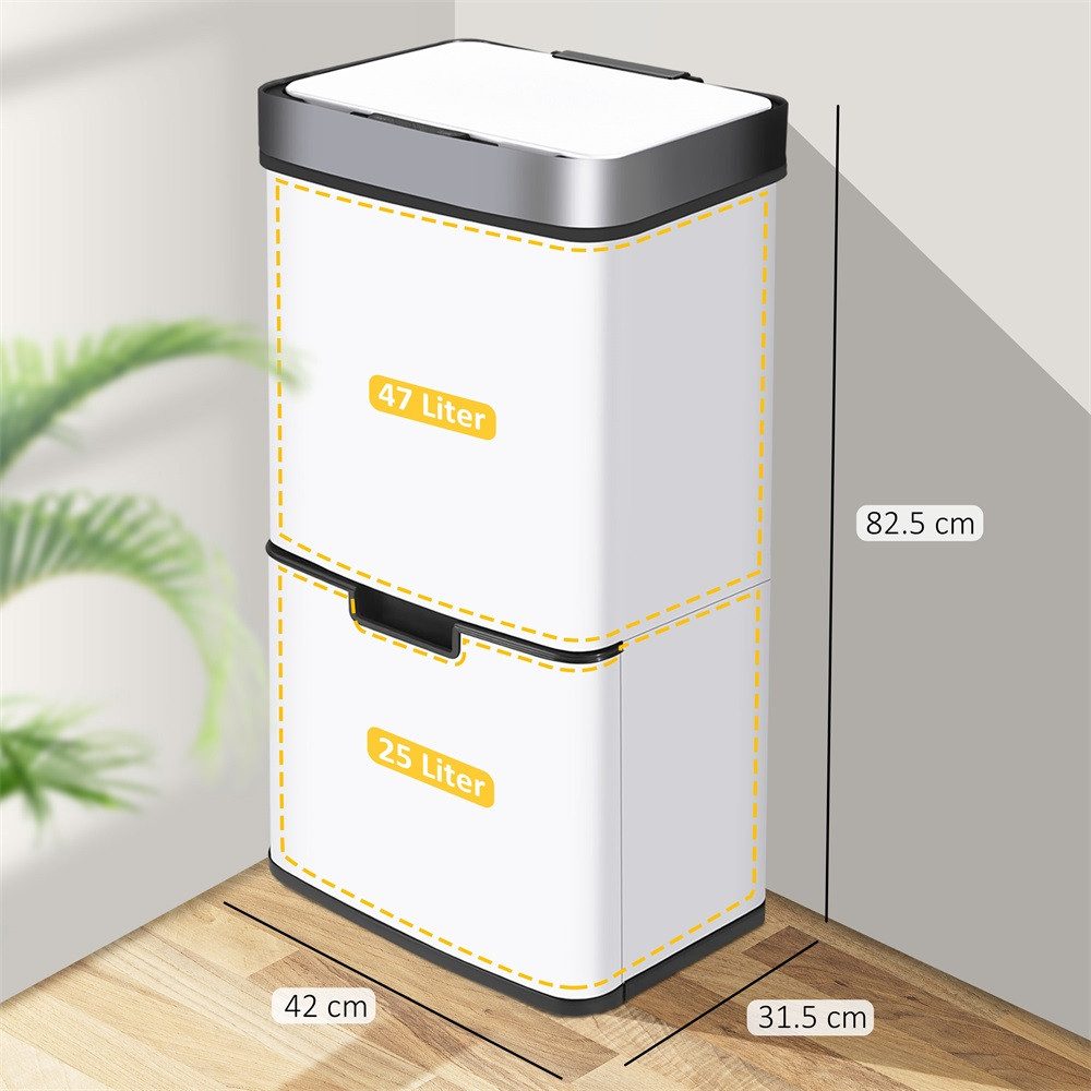 Ribelli Mülltrennsystem Sensor Mülleimer, 4 Fächer, Mülleimer Küche, 72L, Weiß, Abfalleimer mit Sensor