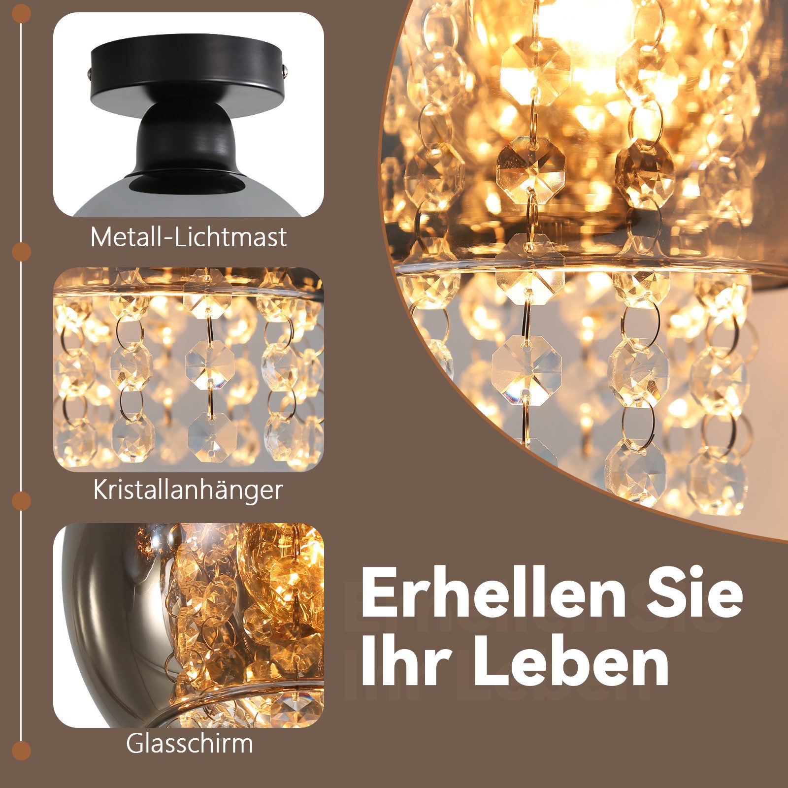 Nettlife Deckenleuchte Modern Schwarz Glas Kristall Rauchgrau 1/3 Flammig E27, LED wechselbar, Deckenbeleuchtung für Wohnzimmer Flur Küche Esszimmer