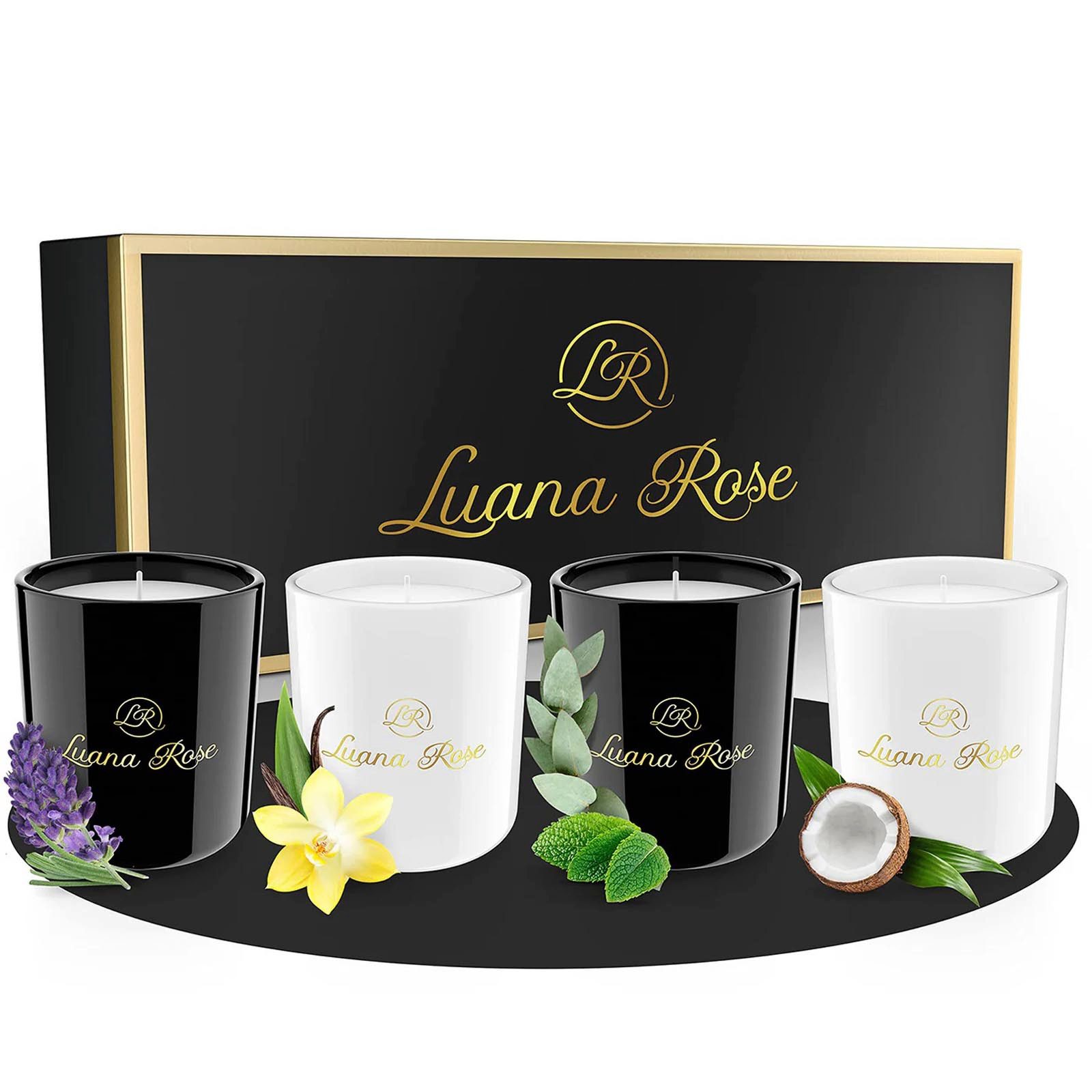 Luana Rose Duftkerze Aromakerze Geschenkset Duft Sojawachs Kerze (4-tlg), 4 Verschiedene Düfte Lavendel, Lemongras, Vanille & Kokosnuss.