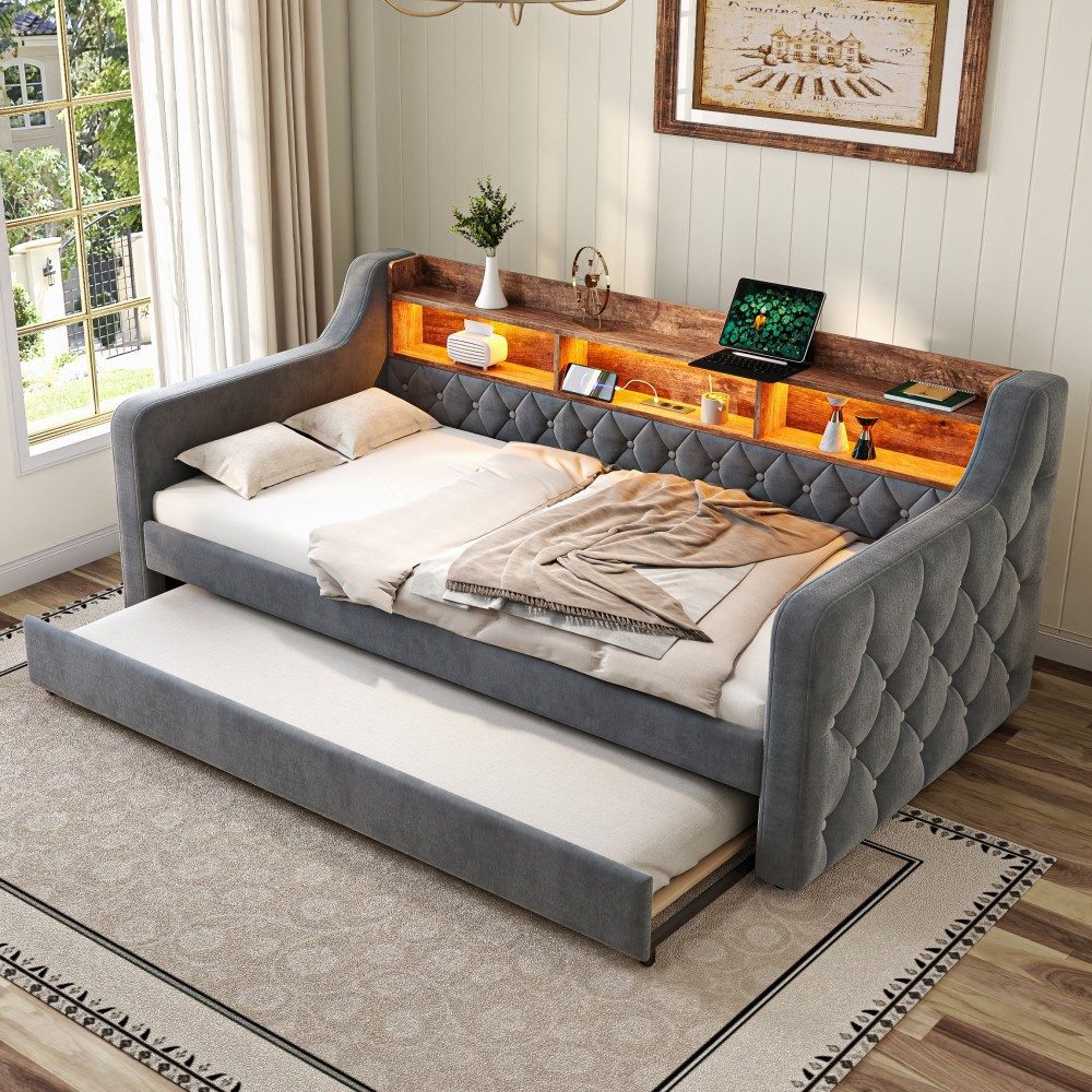 TavilaEcon Schlafsofa Platzsparendes Sofa-Bett aus Samt mit Ausziehbett, 1 Teile, mit LED-Beleuchtung, integriertem Regal und USB-C-Anschluss