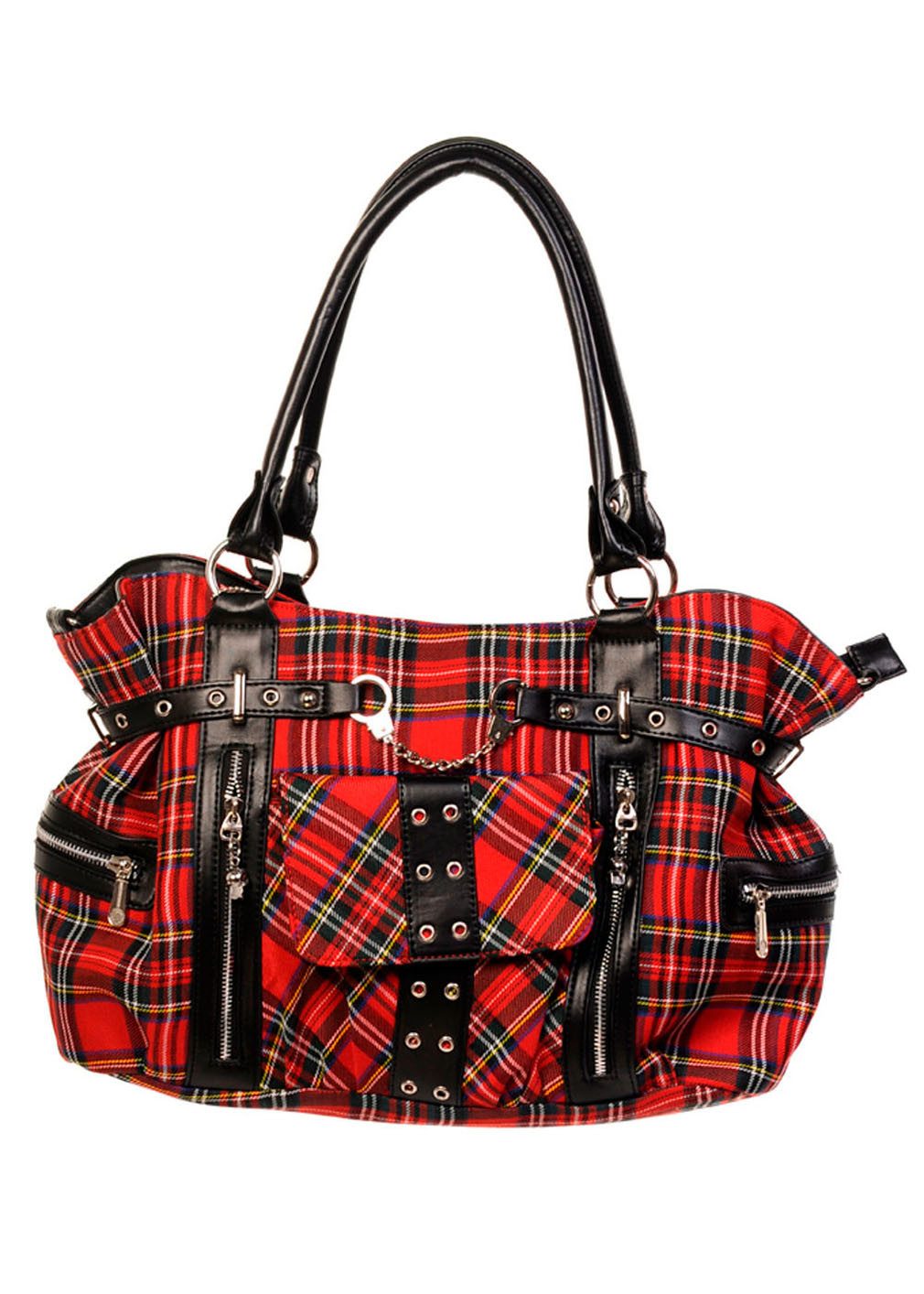 Banned Schultertasche Rise Up Rot Tartan, Henkeltasche Kariert Nieten Handschellen