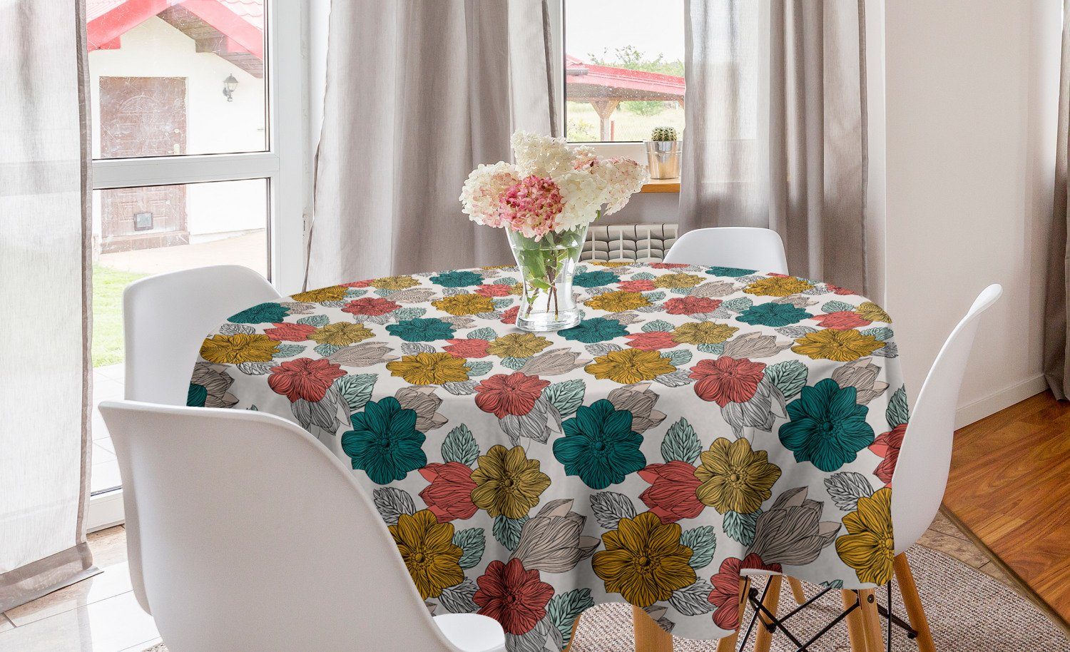Abakuhaus Küche für Abdeckung Dekoration, Esszimmer Blumen-Blumensträuße Kreis Blumen Tischdecke Tischdecke