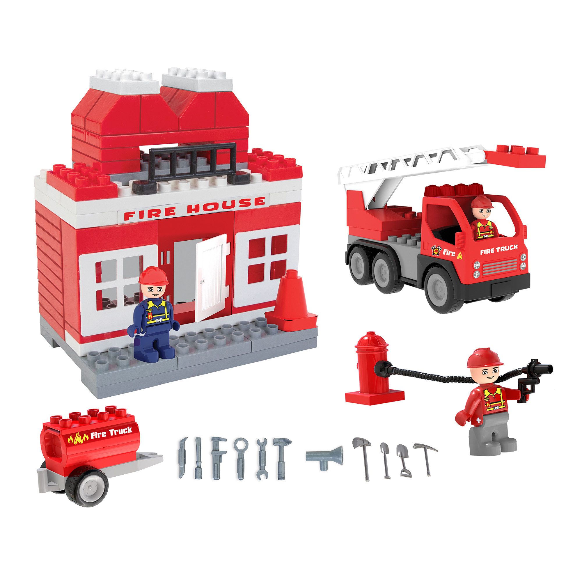 Lemodo Spielzeugset Feuerwehr, Baustelle, Baustellenfahrzeuge, Bauernhof Spielbausteine, (76 St)