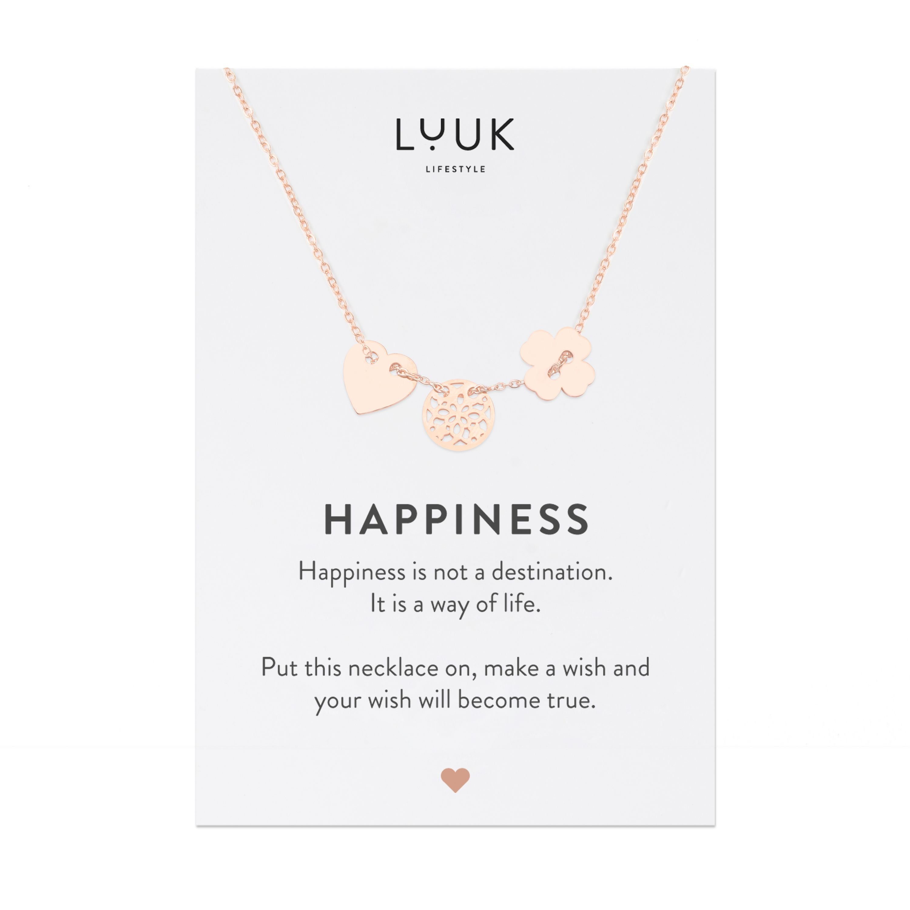 LUUK LIFESTYLE Kette mit Anhänger Glücksbringer, HAPPINESS Geschenkkarte, feminines Schmuckstück für die Freundin, Glücksbringer, Edelstahl, Mandala-, Herz- und Kleeblattanhänger, minimalistischer Stil, Rosé