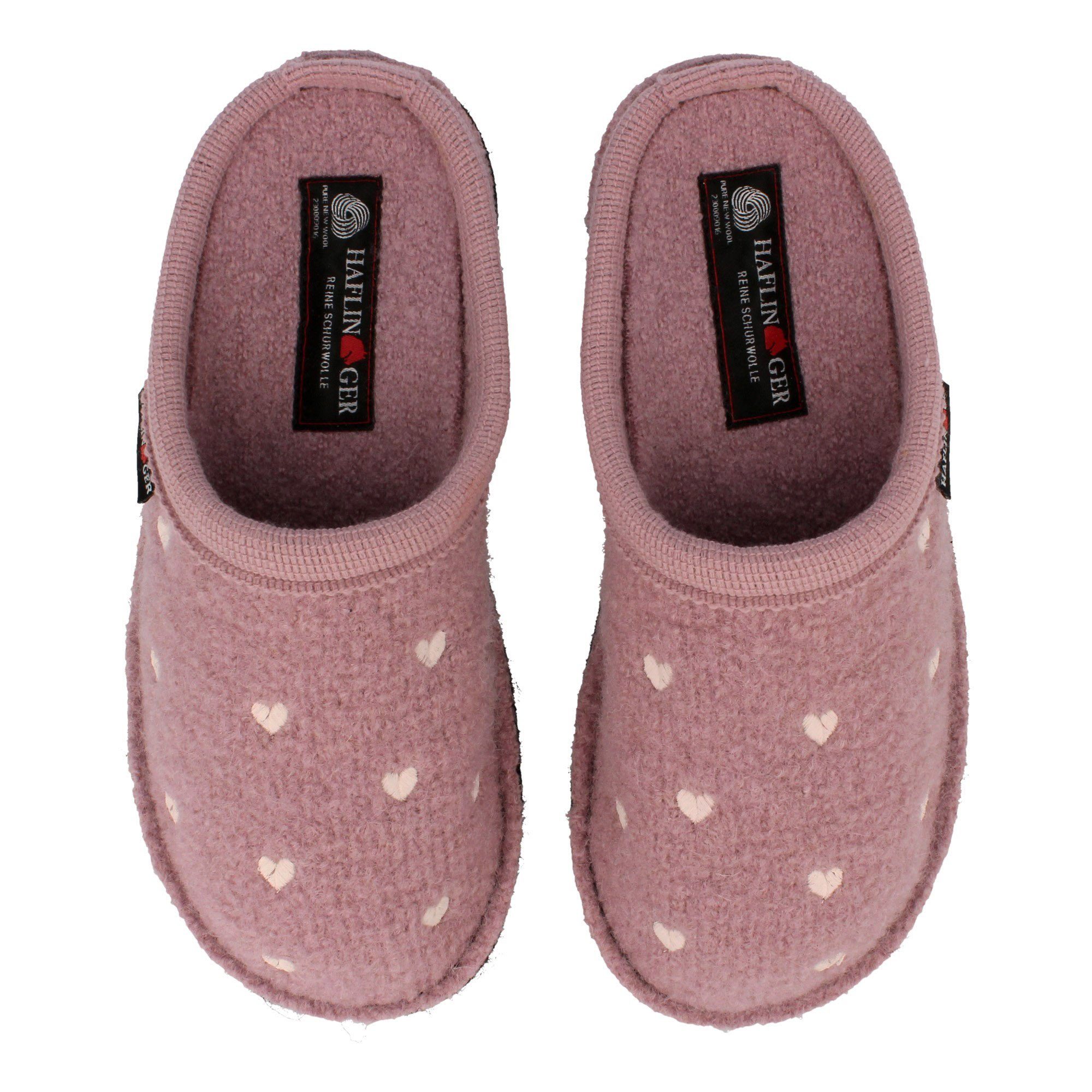 Haflinger Flair Valentine Pantoffeln aus gewalkter Wolle Herzmotiv Unisex Hausschuh – Bild 5 von 5