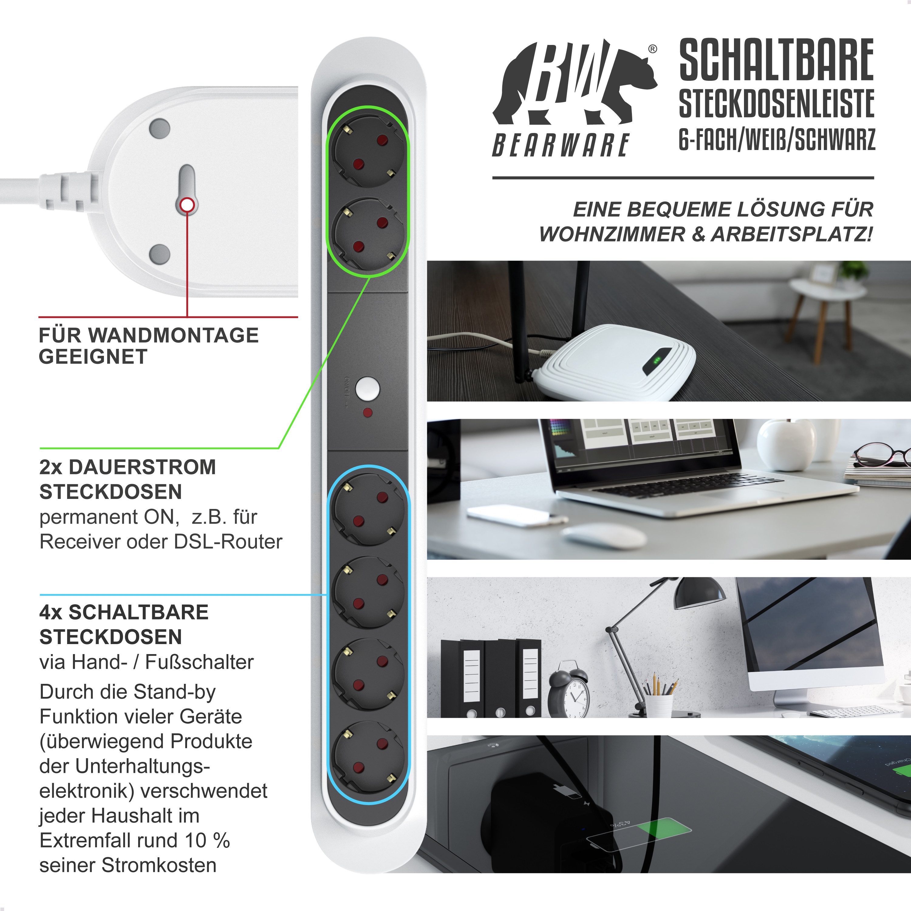 BEARWARE mit kabelosem Fuß- bzw. Handschalter - 15m Reichweite Steckdosenleiste 6-fach (Ein- / Ausschalter, Schalterbeleuchtung, Schutzkontaktstecker, Kindersic – Bild 3 von 5