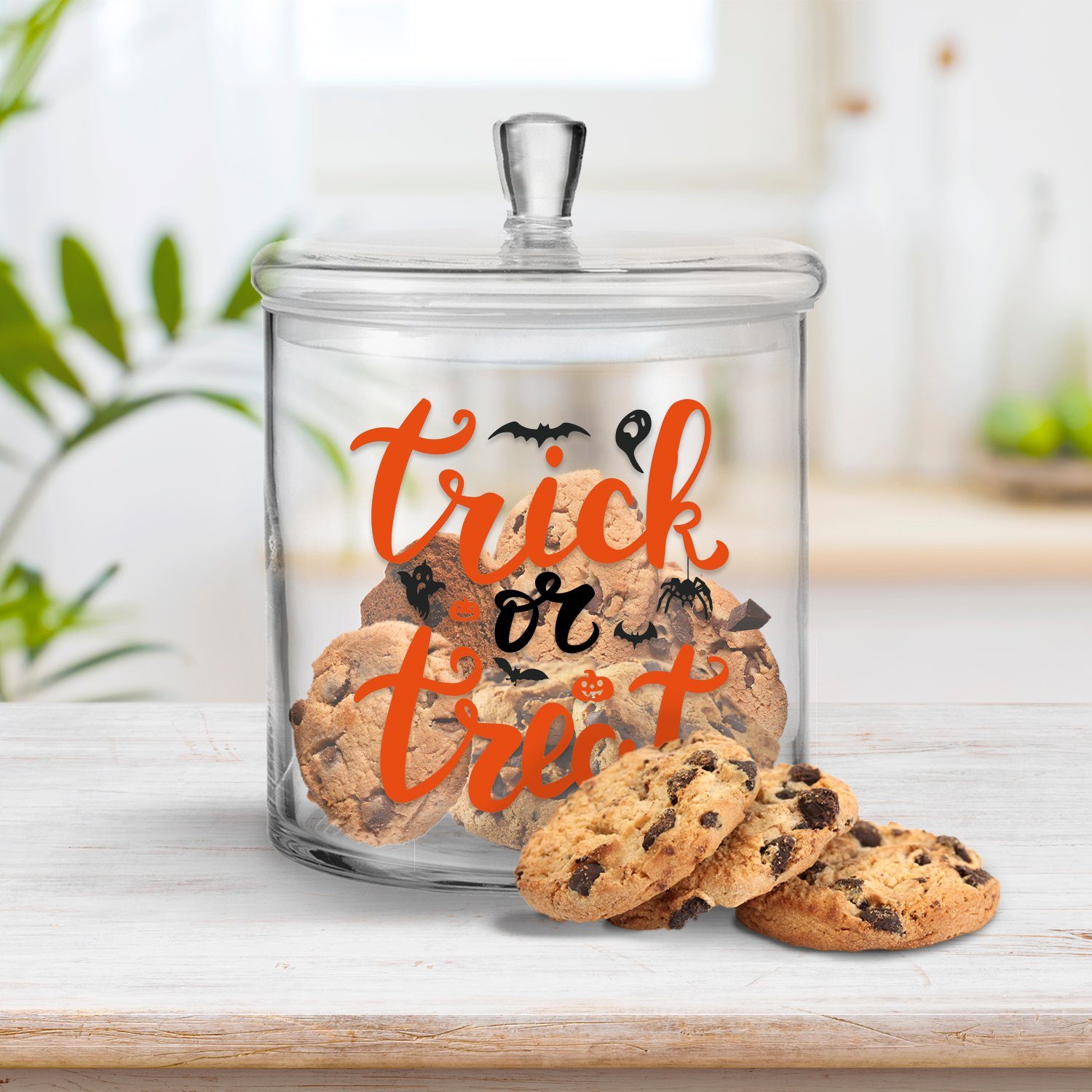 Design, mit GRAVURZEILE Trick Set) Glas, Halloween - Keksdose UV-Druck Treat (Kein or