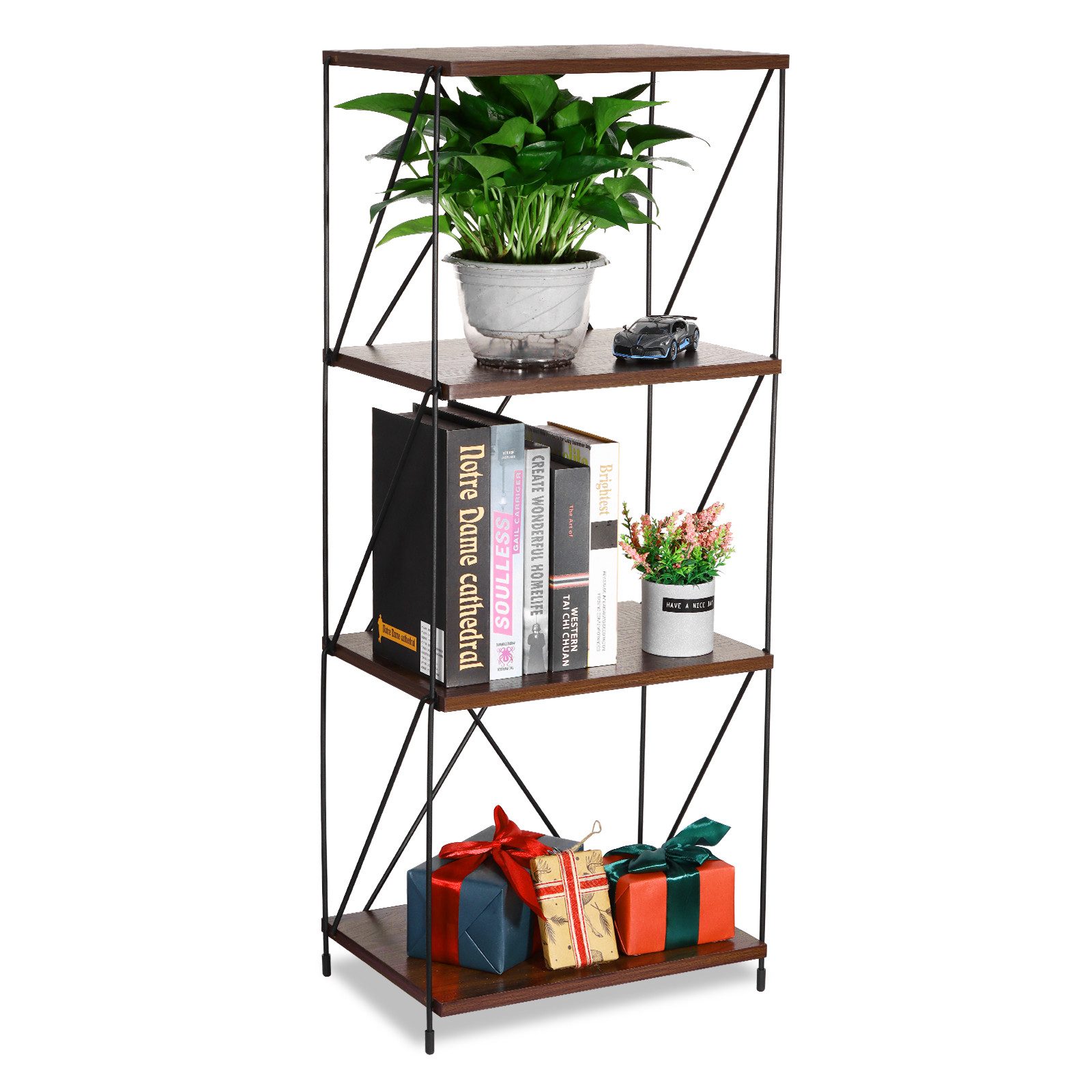 BlingBin Bücherregal 4-stufiges Vintage Standregal Mehrstufen-Aufbewahrungsregal, 1 Stück 1-tlg., freistehendes Regal aus Metall & Holz,für Schlafzimmer,Wohnzimmer,Büro