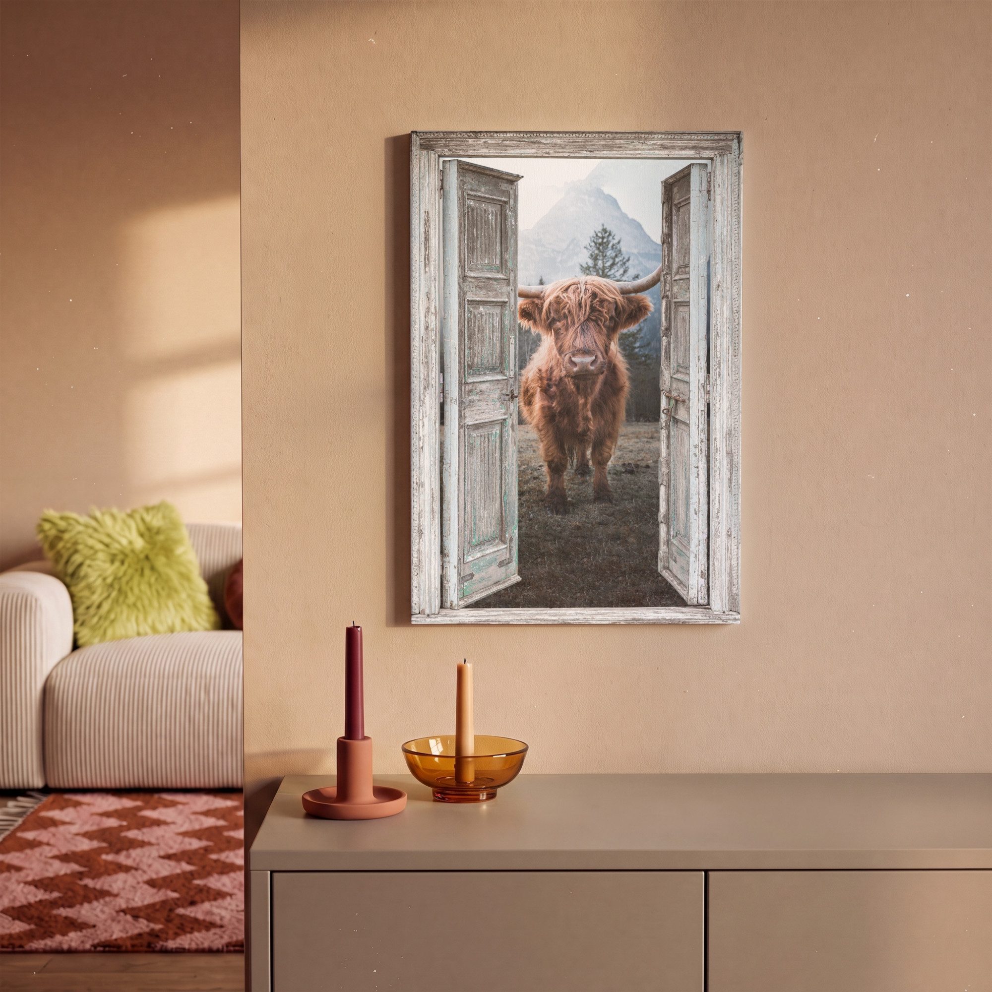 OneMillionCanvasses® Leinwandbild Schottischer Highlander - Kuh - Ländlich - Ansicht, Fotodruck (1 St), Wandbild, Deko Schlafzimmer Wohnzimmer Flur 20x20 cm – Bild 2 von 5
