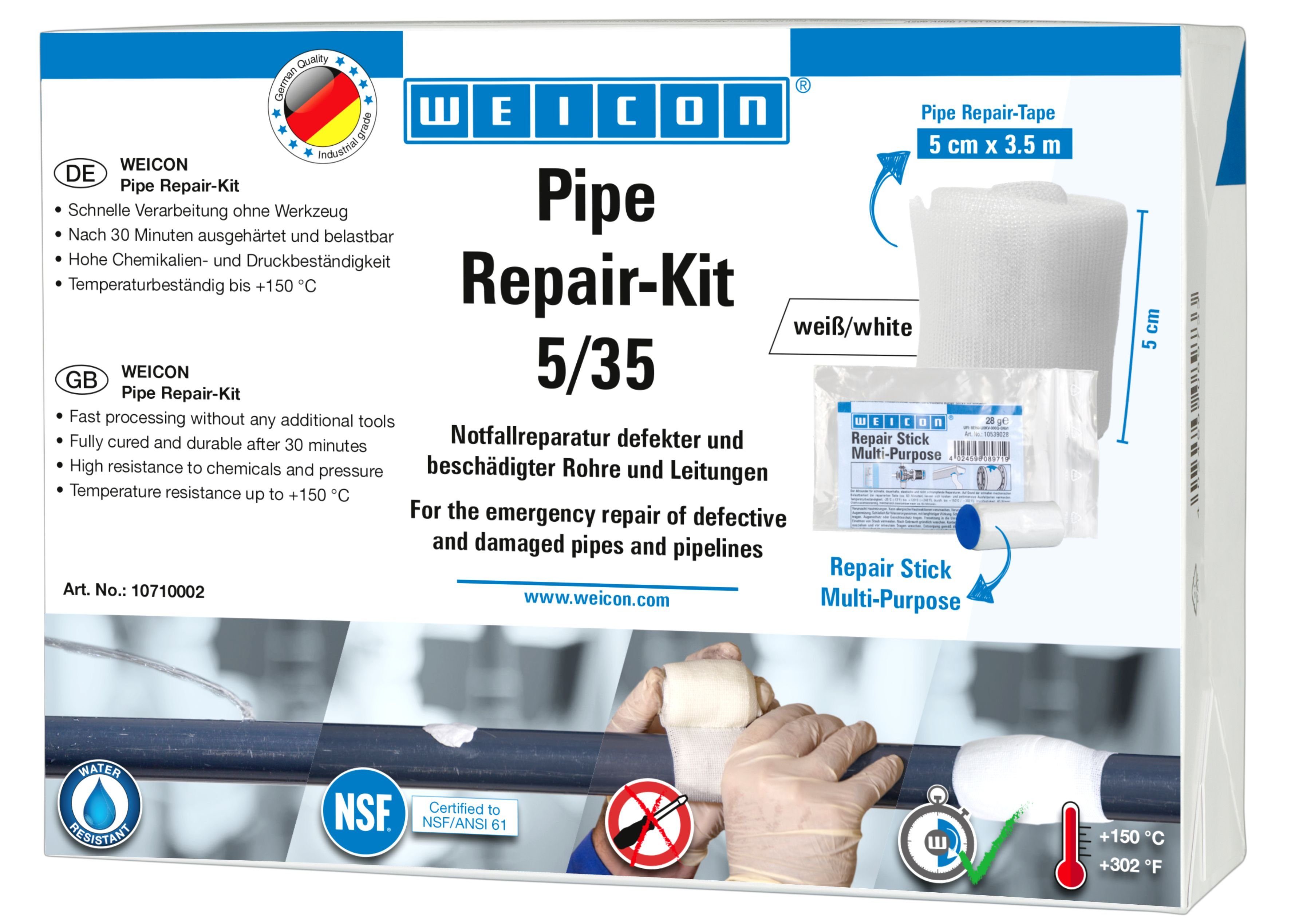 WEICON Reparatur-Set Pipe Repair-Kit, Rohre und cm beschädigter Leitungen 5 x m Notfall-Reparatur 3,5