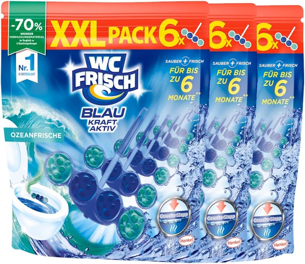 WC Frisch 3x WC FRISCH Kraft Aktiv Blauspüler Ozeanfrische (6x 50 g) WC-Reiniger (3-St. Duftsteine für extra Frische und eine sichtbare Reinigung)