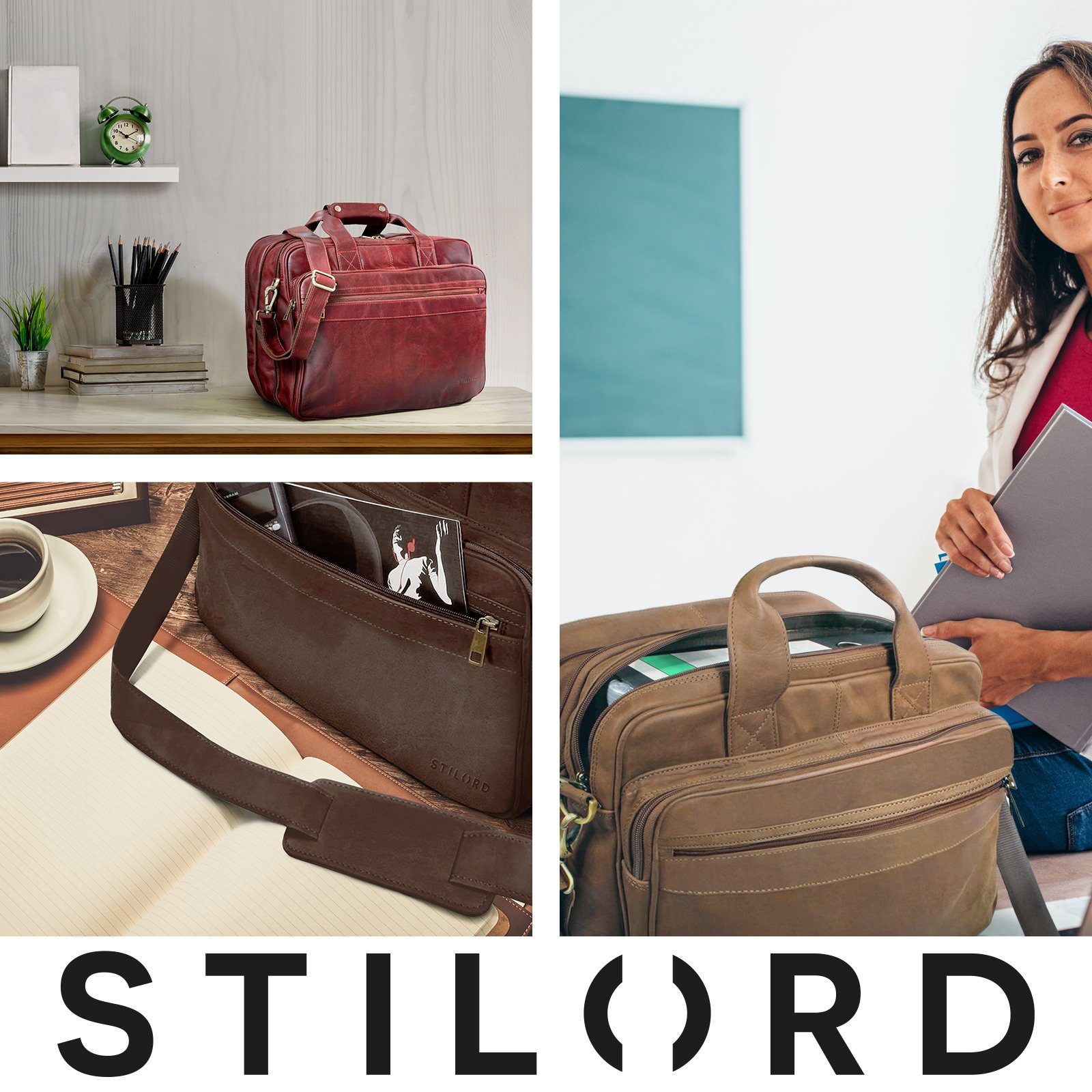 STILORD - glänzend Herren Ledertasche cognac "Leopold" Aktentasche Umhängetasche