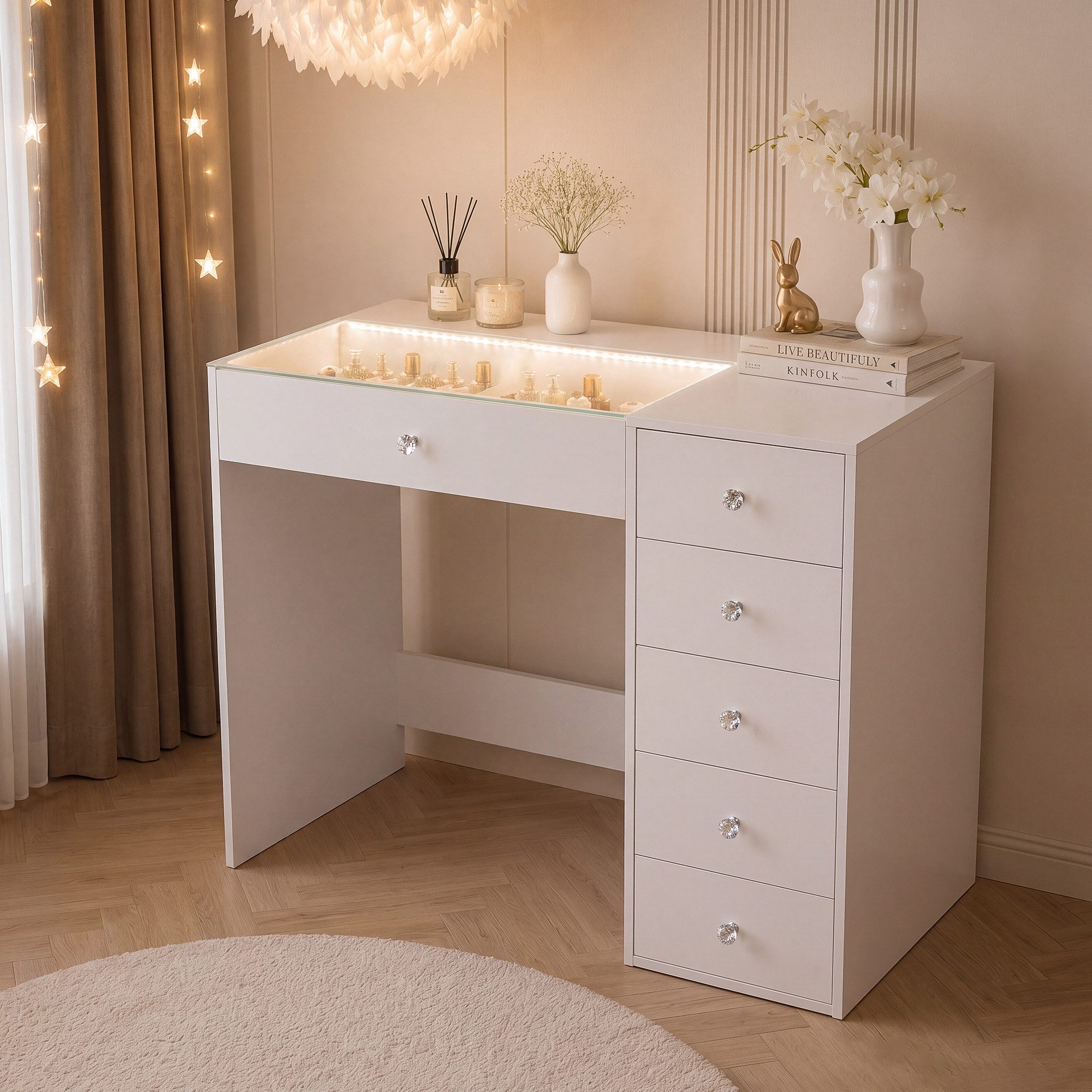 FENCHILIN Schminktisch mit Beleuchtung 6 Schubladen weiß 92x55x81cm (1-St), Kosmetiktisch mit Glasabdeckung und Kristallgriffen für Schlafzimmer – Bild 4 von 5