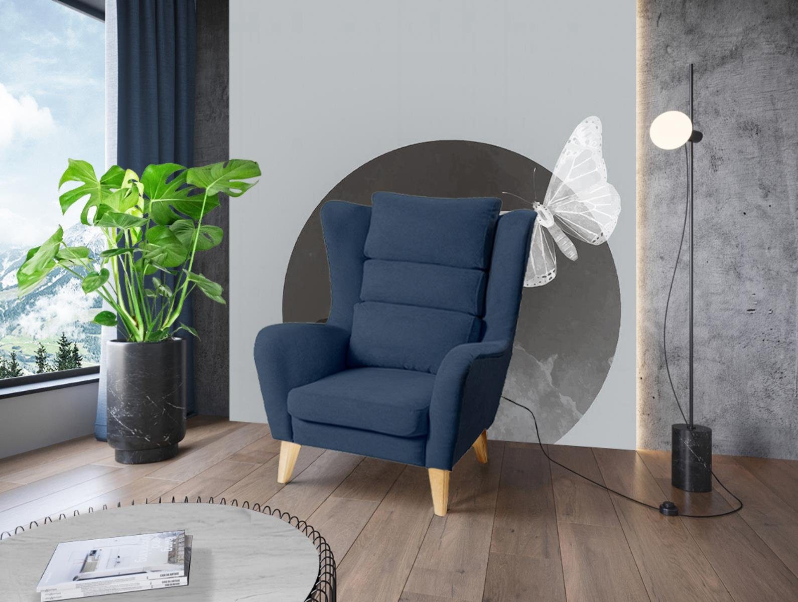 Beautysofa Sessel Atlas (Loungesessel für Wohnzimmer, Relaxsessel aus Velvetstoff), Polstersessel mit Holzbeine (Buche oder Wenge) Blau (mono 242)