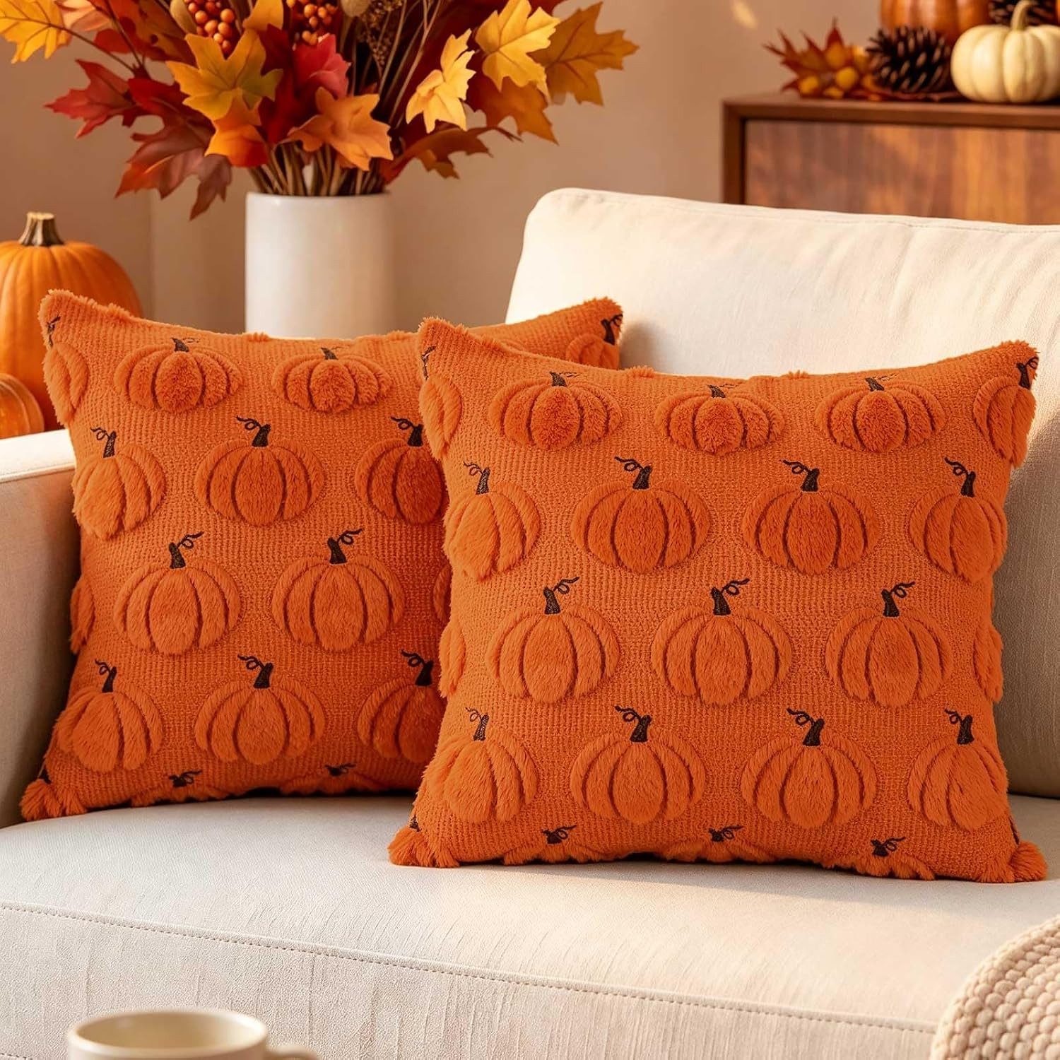 FOUORTUNATE-BEE Kissenbezug 2er Set Kürbis-Kissenbezüge 45 × 45 cm für Herbst & Thanksgiving, (2 Stück), Kürbis-Kissenhüllen für gemütliche Herbst- und Thanksgiving-Deko