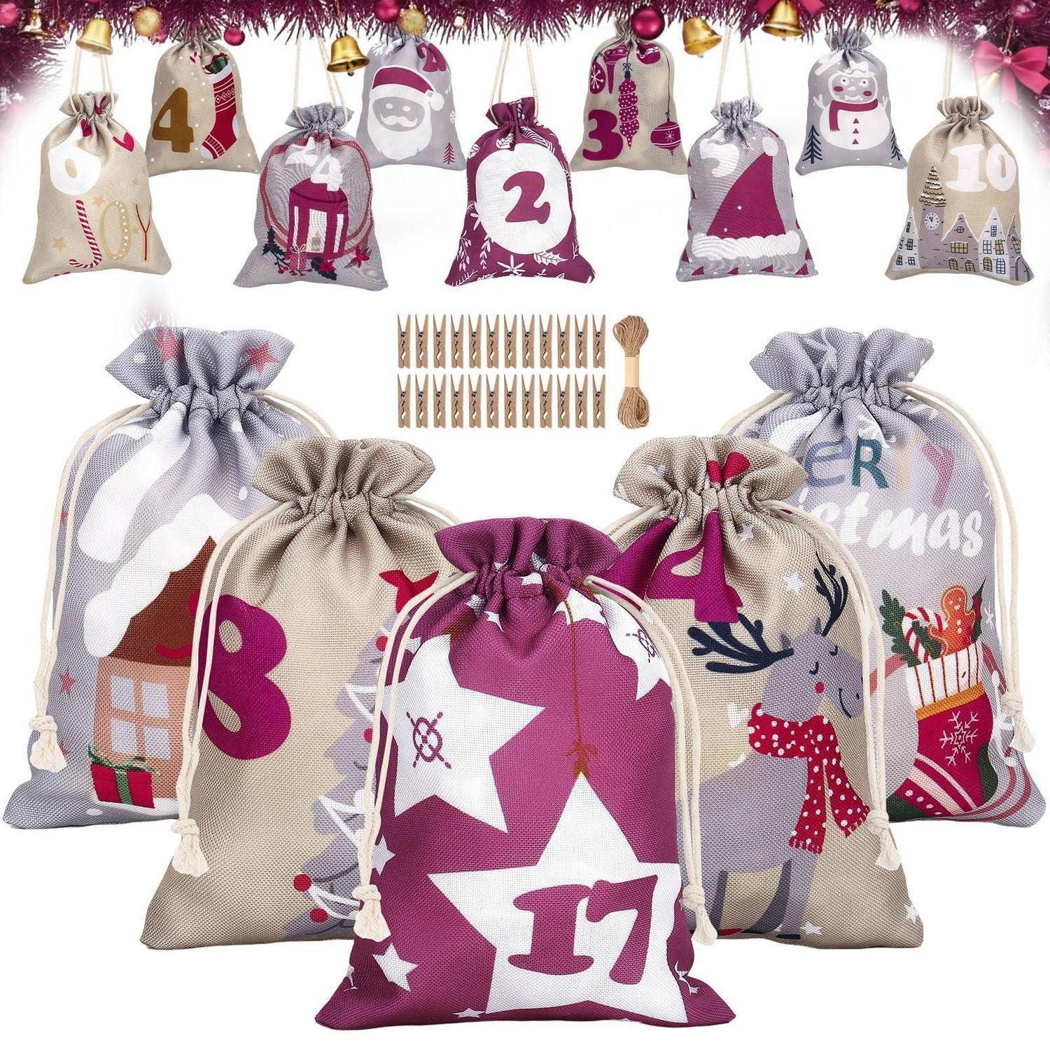 LuxusKollektion befüllbarer Adventskalender Adventskalender zum Befüllen 24 Stoffbeutel Weihnachtsmotive