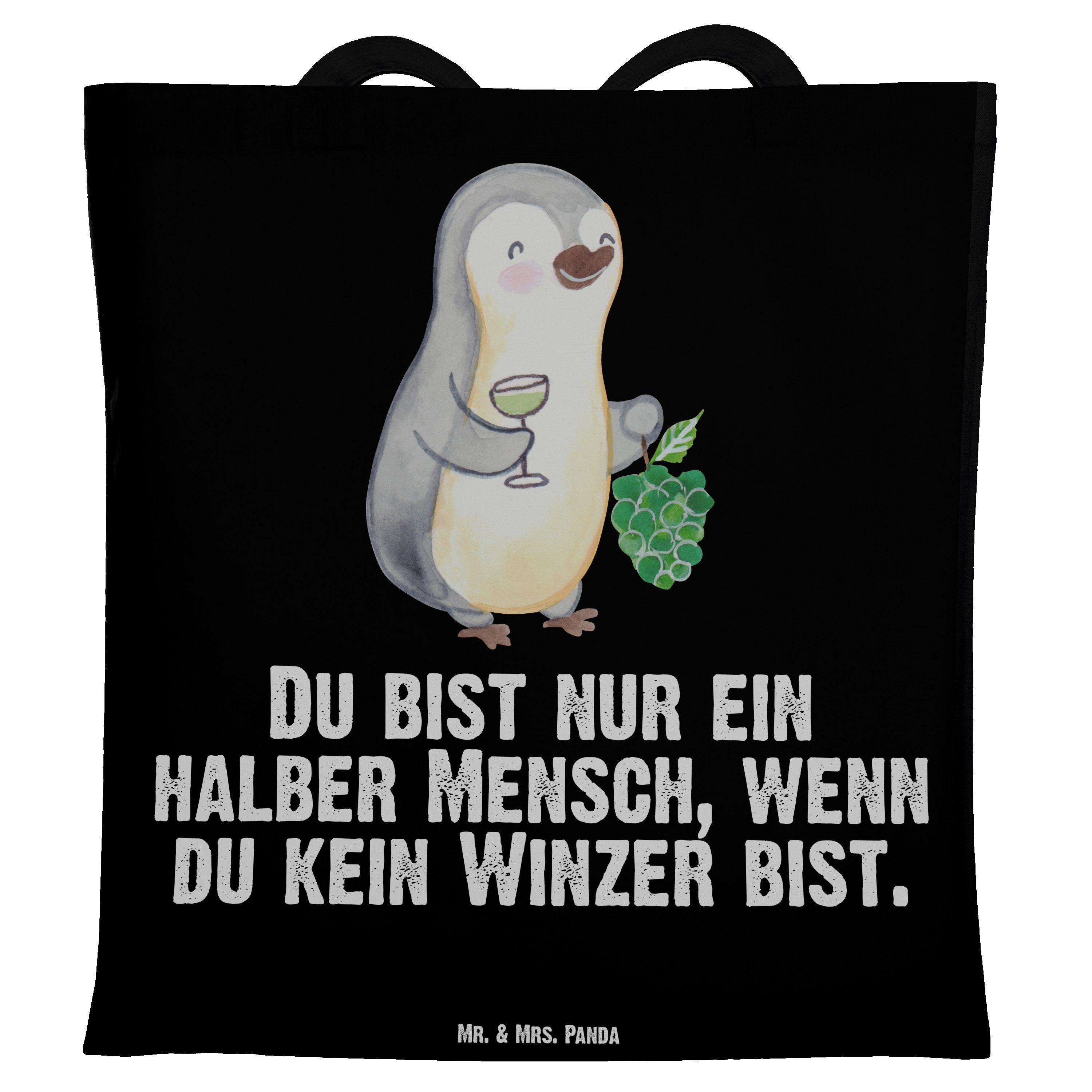 Mr. & Mrs. Panda Tragetasche Winzer mit Herz - Schwarz - Geschenk, Schenken, Stoffbeutel, Einkaufs (1-tlg)