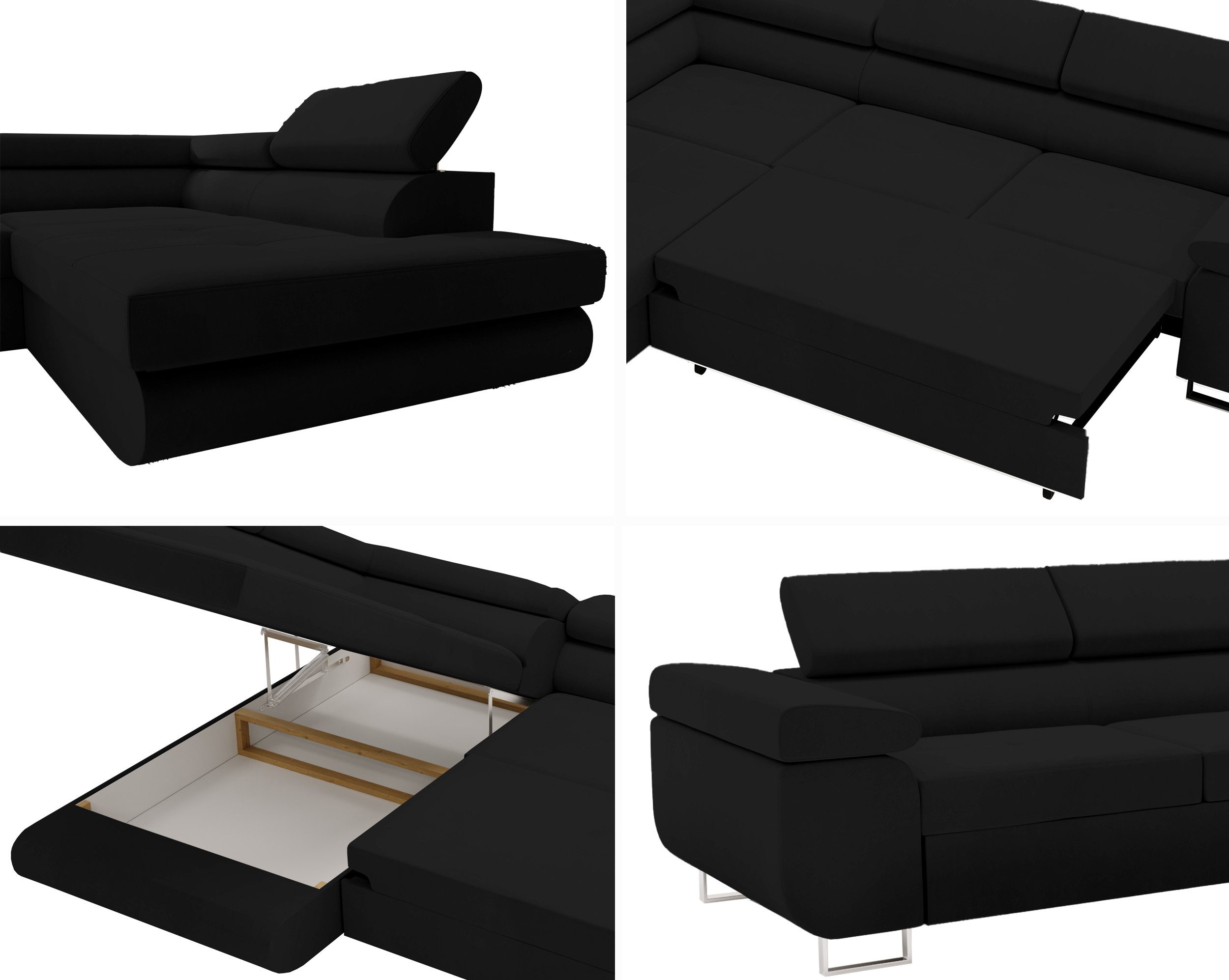 Goldstoff Ecksofa mit Schlaffunktion & Bettkasten - hochwertiges Sofa, Couch mit Schlaffunktion für Wohnzimmer - Schlafsofa - Eckcouch, Eckcouch mit praktischem Bettkasten in schwarz