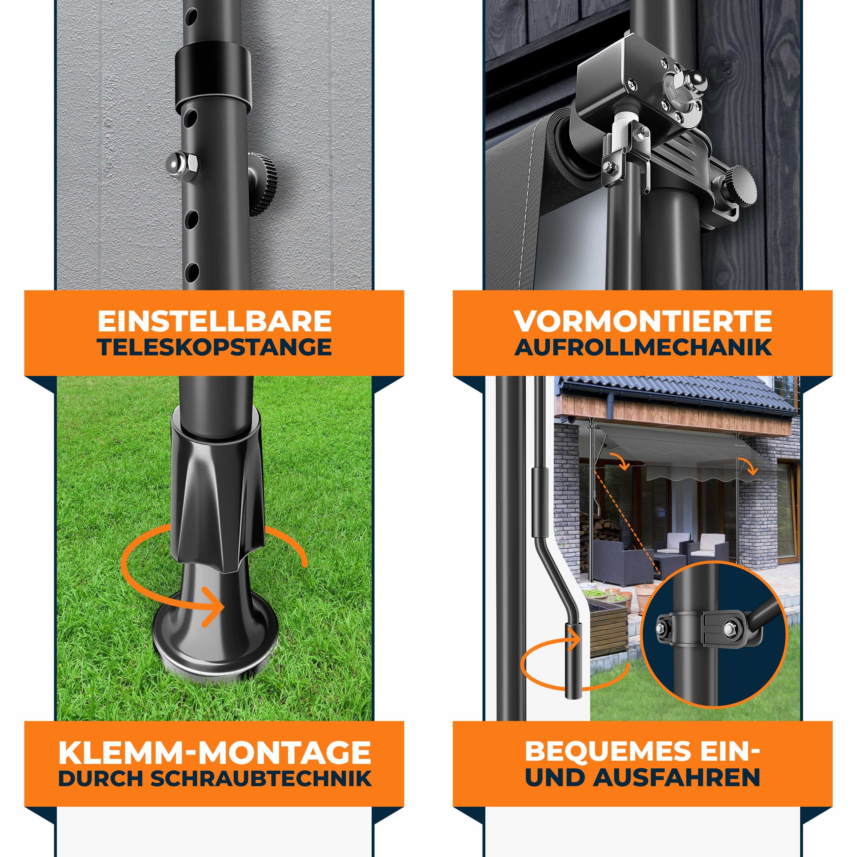 KESSER Klemmmarkise mit Handkurbel & LED, 150x180cm Balkonmarkise ohne Bohren UV-Beständig (Markise + solarbetriebene LED Lichterkette, höhenverstellbar 176-305cm) Sicht- & Sonnenschutz für Balkon Terrasse & Garten, wasserabweisend
