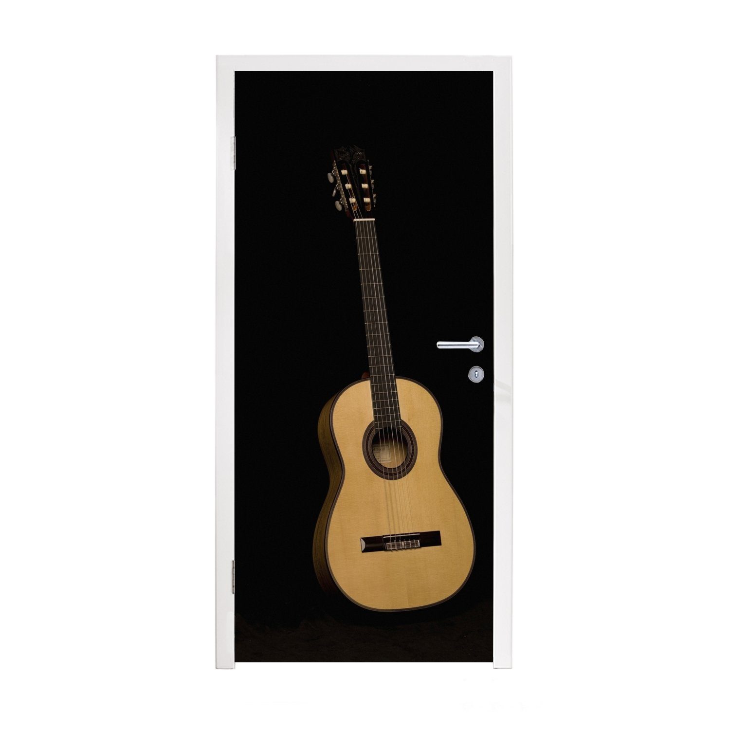 bedruckt, auf Gitarre Matt, für akustischen Vorderansicht Fototapete schwarzem einer Türtapete St), MuchoWow Türaufkleber, (1 Tür, 75x205 Hintergrund, cm
