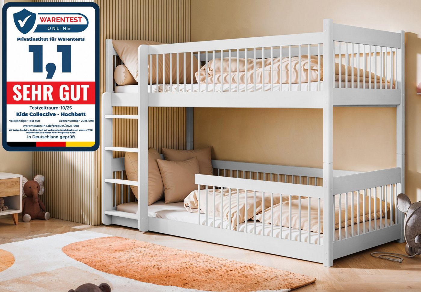 Kids Collective Kinderbett Hochbett Etagenbett 80x180, 90x190, 90x200 cm, umbaubar zu 2 Betten (mit abgerundeten Kanten), 80x180 cm von 3. bis 12. Lebensjahr, Weiß