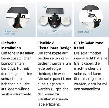 D-IDEAZ Bewegungsmelder Solar-Bewegungssensor für den Außenbereich -Doppelköpfe, Abstrahlwinkel: Bis zu 300 Grad